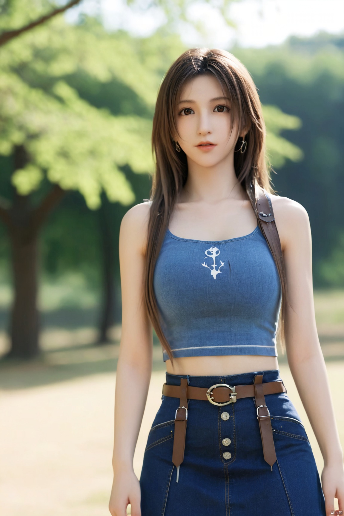  1girl, 3d, bare_shoulders, belt, blurry, blurry_background, blurry_foreground, branch, breasts, brown_eyes, brown_hair, collarbone, cosplay_photo, denim, denim_skirt, depth_of_field, hand_on_own_chest, lips, long_hair, looking_at_viewer, midriff, miniskirt, motion_blur, navel, outdoors, photo_\(medium\), realistic, skirt, solo, standing, tree,Xtifa,,(big breasts:1.79),
