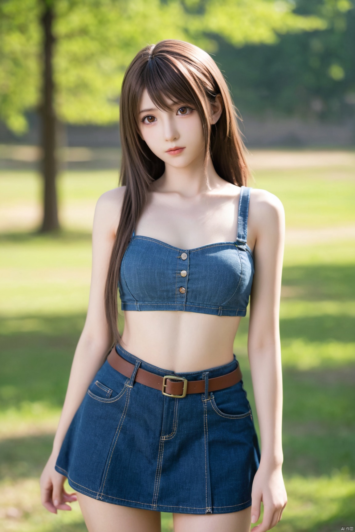  1girl, 3d, bare_shoulders, belt, blurry, blurry_background, blurry_foreground, branch, breasts, brown_eyes, brown_hair, collarbone, cosplay_photo, denim, denim_skirt, depth_of_field, hand_on_own_chest, lips, long_hair, looking_at_viewer, midriff, miniskirt, motion_blur, navel, outdoors, photo_\(medium\), realistic, skirt, solo, standing, tree,Xtifa,,(big breasts:1.39),
