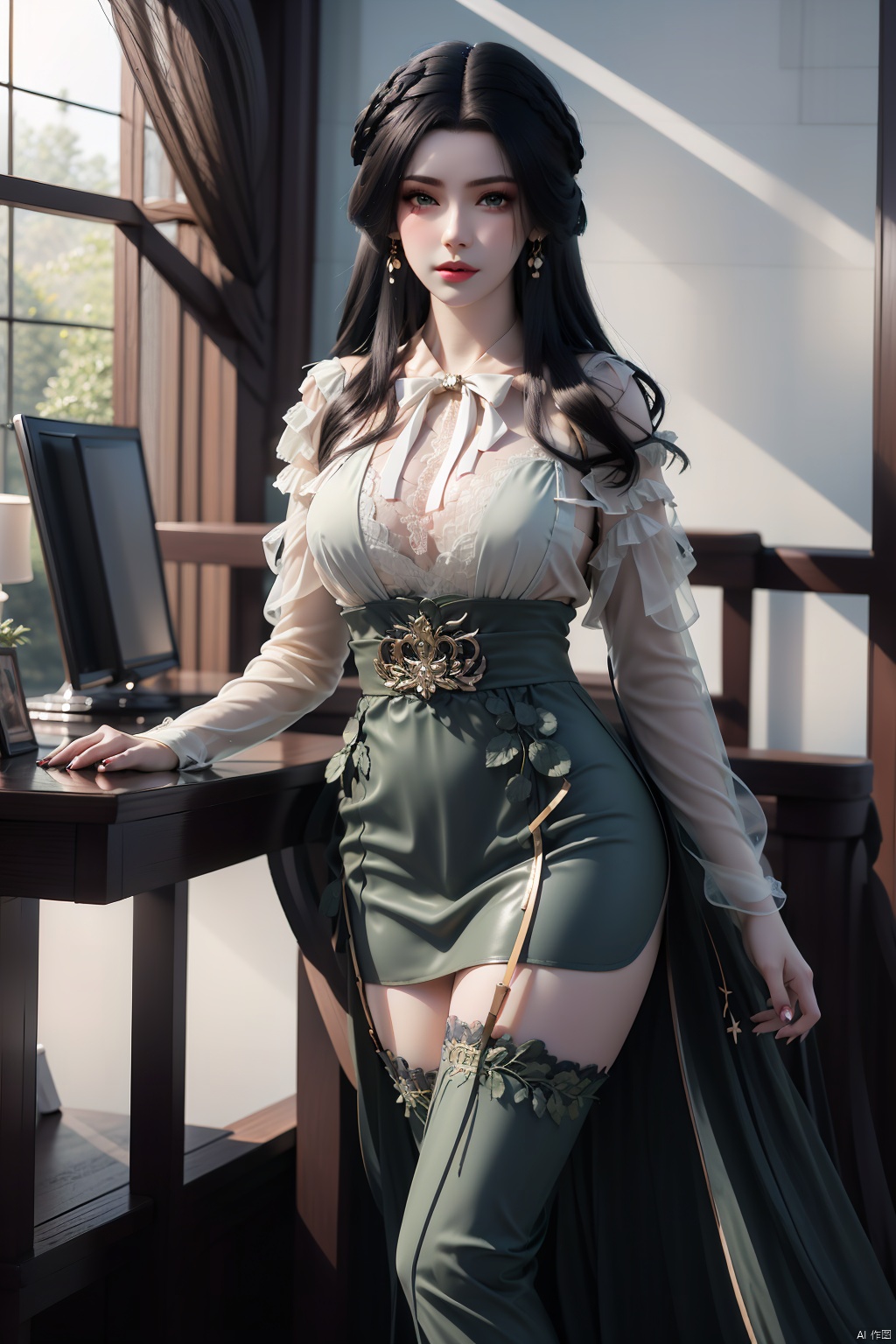  masterpiece, ultra-clear picture quality, real effect, 8k ultra-clear, fine picture effect, ((poakl)),1girl, solo, long hair, breasts, looking at viewer, skirt, shirt, thighhighs, long sleeves, jewelry, medium breasts, closed mouth, standing, full body, white shirt, purple hair, earrings, collared shirt, black thighhighs, indoors, miniskirt, black skirt, nail polish, black footwear, high heels, lips, zettai ryouiki, window, dress shirt, makeup, chair, table, crossed legs, plant, desk, pencil skirt, red lips, potted plant, office lady, computer, monitor, laptop, office