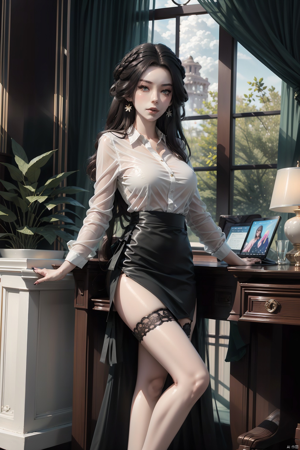  masterpiece, ultra-clear picture quality, real effect, 8k ultra-clear, fine picture effect, ((poakl)),1girl, solo, long hair, breasts, looking at viewer, skirt, shirt, thighhighs, long sleeves, jewelry, medium breasts, closed mouth, standing, full body, white shirt, purple hair, earrings, collared shirt, black thighhighs, indoors, miniskirt, black skirt, nail polish, black footwear, high heels, lips, zettai ryouiki, window, dress shirt, makeup, chair, table, crossed legs, plant, desk, pencil skirt, red lips, potted plant, office lady, computer, monitor, laptop, office