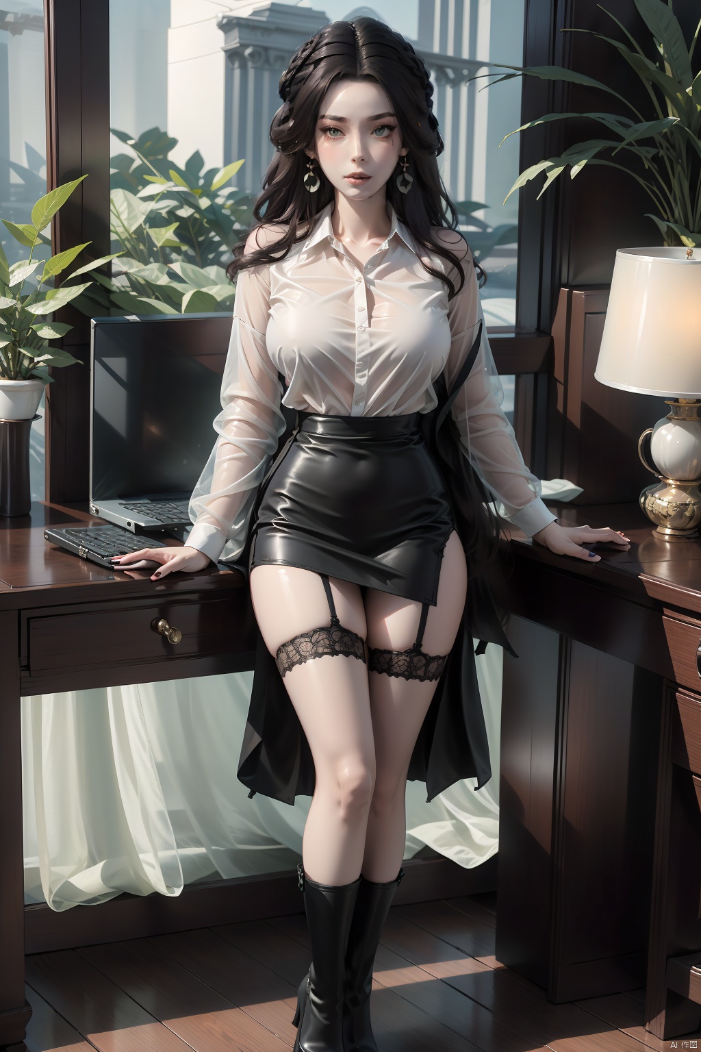  masterpiece, ultra-clear picture quality, real effect, 8k ultra-clear, fine picture effect, ((poakl)),1girl, solo, long hair, breasts, looking at viewer, skirt, shirt, thighhighs, long sleeves, jewelry, medium breasts, closed mouth, standing, full body, white shirt, purple hair, earrings, collared shirt, black thighhighs, indoors, miniskirt, black skirt, nail polish, black footwear, high heels, lips, zettai ryouiki, window, dress shirt, makeup, chair, table, crossed legs, plant, desk, pencil skirt, red lips, potted plant, office lady, computer, monitor, laptop, office
