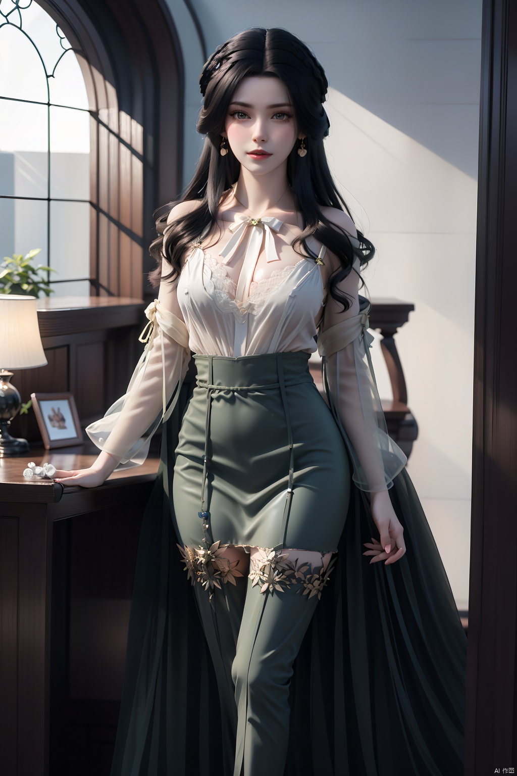  masterpiece, ultra-clear picture quality, real effect, 8k ultra-clear, fine picture effect, ((poakl)),1girl, solo, long hair, breasts, looking at viewer, skirt, shirt, thighhighs, long sleeves, jewelry, medium breasts, closed mouth, standing, full body, white shirt, purple hair, earrings, collared shirt, black thighhighs, indoors, miniskirt, black skirt, nail polish, black footwear, high heels, lips, zettai ryouiki, window, dress shirt, makeup, chair, table, crossed legs, plant, desk, pencil skirt, red lips, potted plant, office lady, computer, monitor, laptop, office