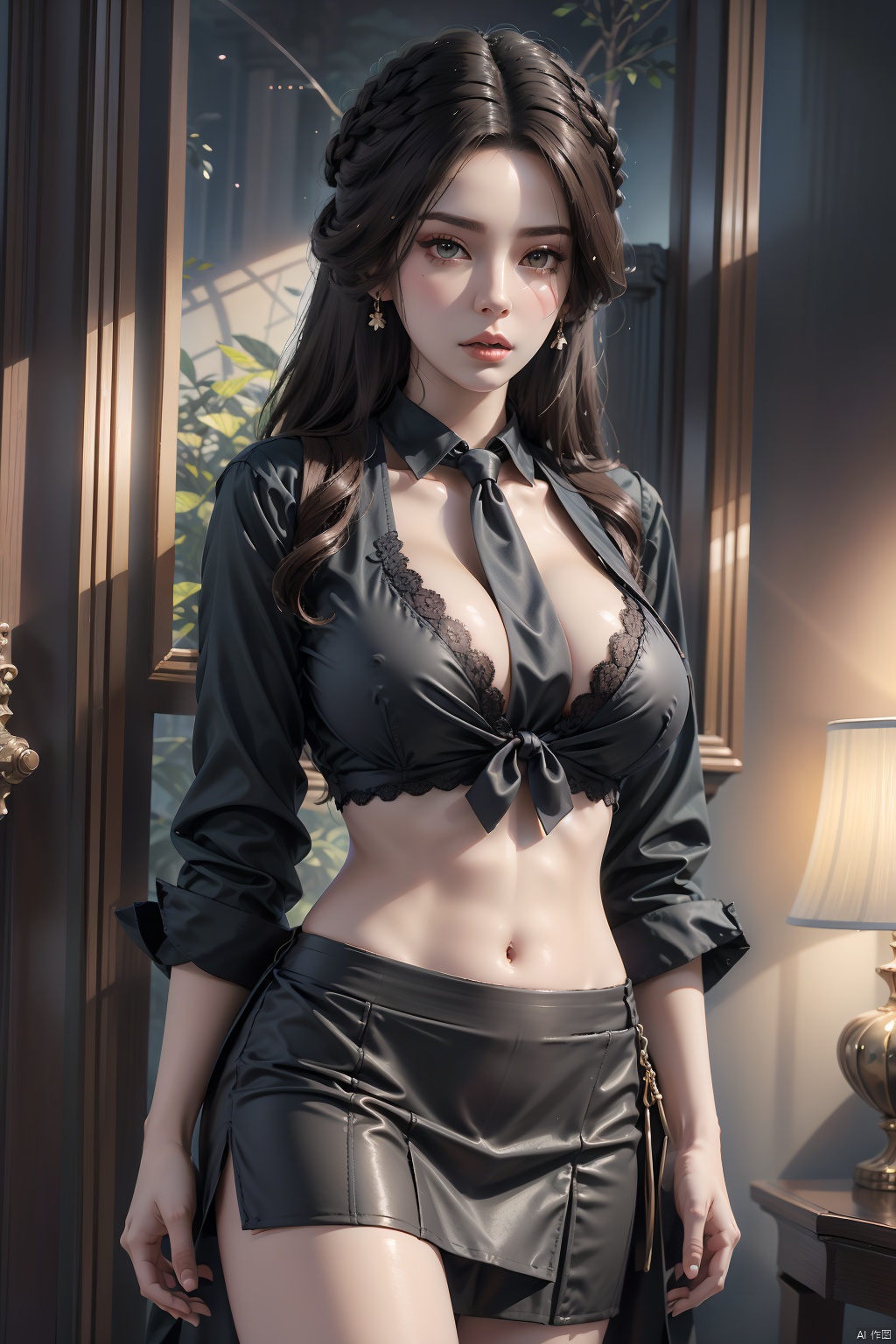 A sultry Shinkai-inspired 8K image. 1girl, solo, long hair, breasts, looking at viewer, bangs, skirt, large breasts, brown hair, shirt, black hair, navel, brown eyes, standing, ponytail, pleated skirt, parted lips, necktie, midriff, collared shirt, black skirt, lips, crop top, thigh strap, blue shirt