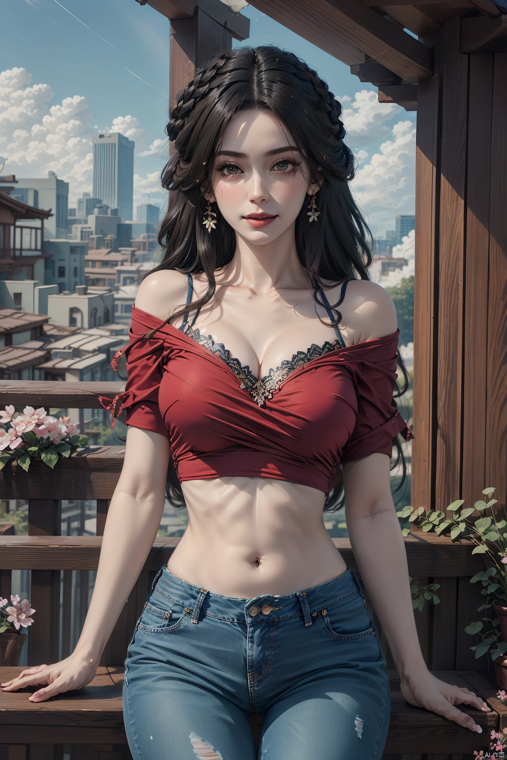  masterpiece, ultra-clear picture quality, real effect, 8k ultra-clear, fine picture effect, 1girl, solo, long hair, breasts, looking at viewer, smile, brown hair, shirt, black hair, navel, jewelry, flower, short sleeves, earrings, outdoors, parted lips, day, midriff, pants, necklace, off shoulder, lips, crop top, head tilt, leaf, plant, denim, cherry blossoms, building, red shirt, jeans, realistic, off-shoulder shirt, red lips
