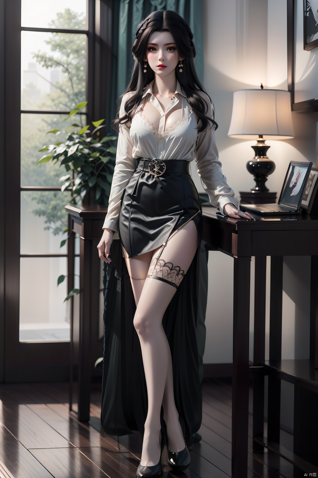  masterpiece, ultra-clear picture quality, real effect, 8k ultra-clear, fine picture effect, ((poakl)),1girl, solo, long hair, breasts, looking at viewer, skirt, shirt, thighhighs, long sleeves, jewelry, medium breasts, closed mouth, standing, full body, white shirt, purple hair, earrings, collared shirt, black thighhighs, indoors, miniskirt, black skirt, nail polish, black footwear, high heels, lips, zettai ryouiki, window, dress shirt, makeup, chair, table, crossed legs, plant, desk, pencil skirt, red lips, potted plant, office lady, computer, monitor, laptop, office