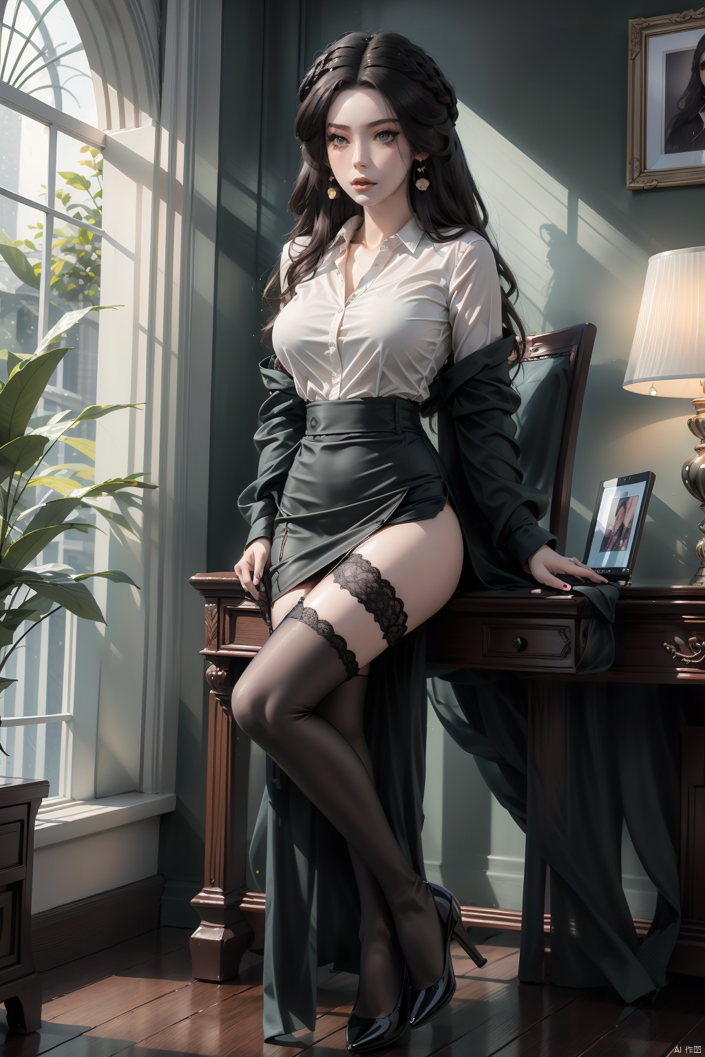  masterpiece, ultra-clear picture quality, real effect, 8k ultra-clear, fine picture effect, ((poakl)),1girl, solo, long hair, breasts, looking at viewer, skirt, shirt, thighhighs, long sleeves, jewelry, medium breasts, closed mouth, standing, full body, white shirt, purple hair, earrings, collared shirt, black thighhighs, indoors, miniskirt, black skirt, nail polish, black footwear, high heels, lips, zettai ryouiki, window, dress shirt, makeup, chair, table, crossed legs, plant, desk, pencil skirt, red lips, potted plant, office lady, computer, monitor, laptop, office