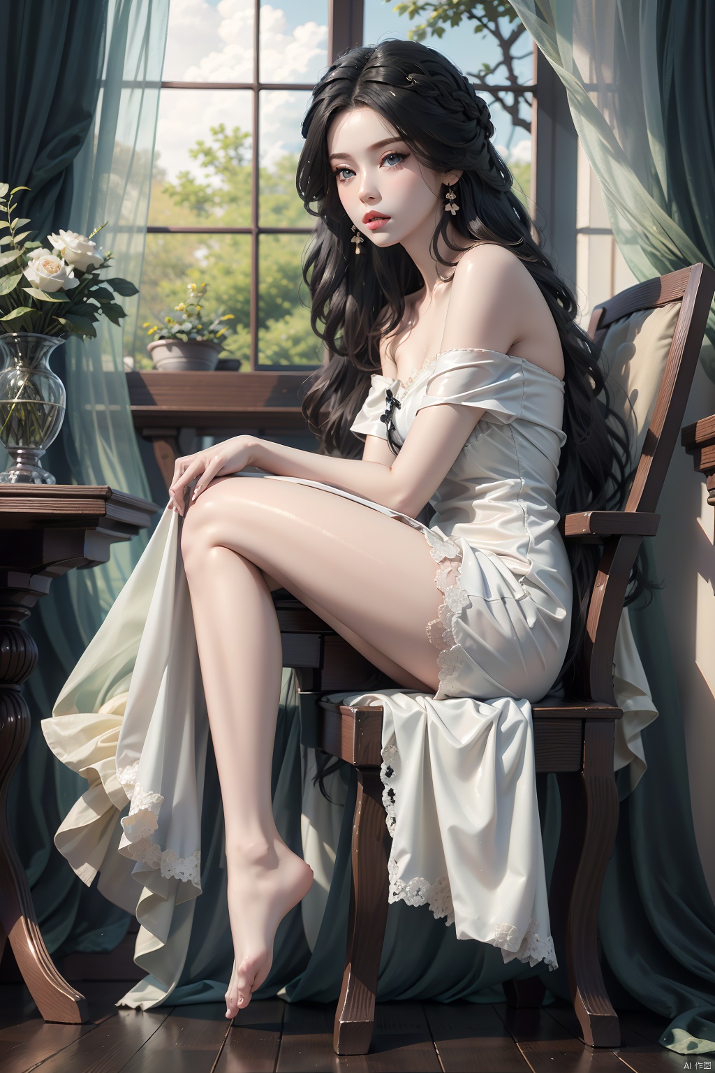  8K image., shinkai color,, ((poakl)),1girl, solo, long hair, looking at viewer, blue eyes, black hair, bare shoulders, sitting, full body, barefoot, indoors, off shoulder, white dress, feet, from side, lips, legs, bare legs, window, toes, chair, soles, crossed legs, curtains, realistic