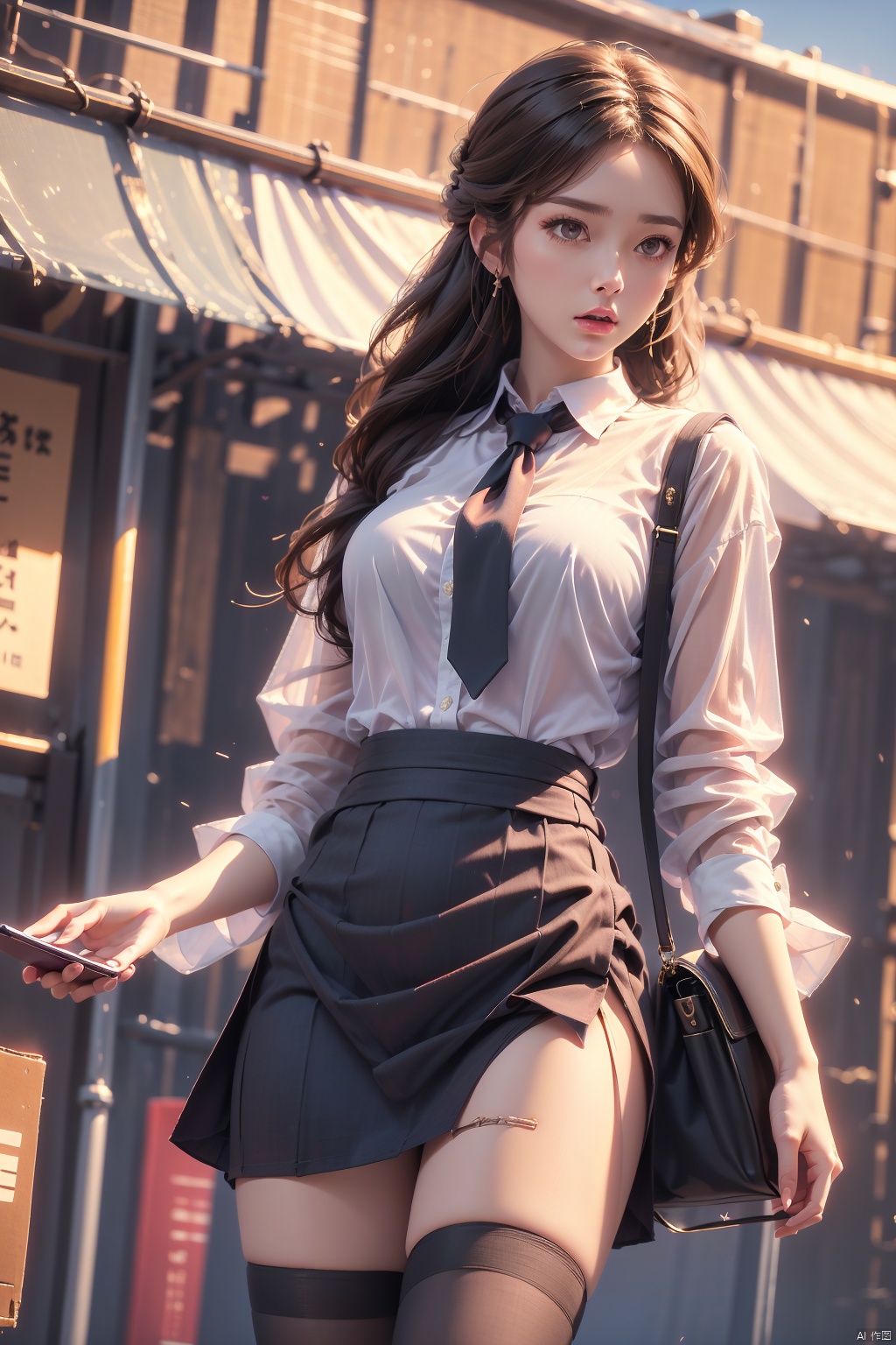 8K image., shinkai color,1girl, solo, long hair, skirt, shirt, thighhighs, holding, school uniform, purple eyes, white shirt, black hair, necktie, black thighhighs, bag, zettai ryouiki, phone, cellphone, smartphone, holding phone
