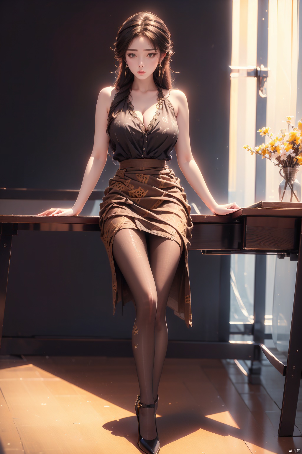 masterpiece, ultra-clear picture quality, real effect, 8k ultra-clear, fine picture effect,((poakl)),1girl, solo, long hair, breasts, looking at viewer, skirt,  shirt,  holding, bare shoulders, jewelry, closed mouth, standing, full body, pantyhose, earrings, sleeveless, indoors, black skirt, bag, black footwear, high heels, lips, black pantyhose, black shirt, window, sleeveless shirt, chair, crossed legs, desk, pencil skirt, high-waist skirt, classroom, office lady,cableknit,fishnets,floral print,leopard print,star \(symbol\),argyle,argyle legwear,print legwear, blackpantyhose