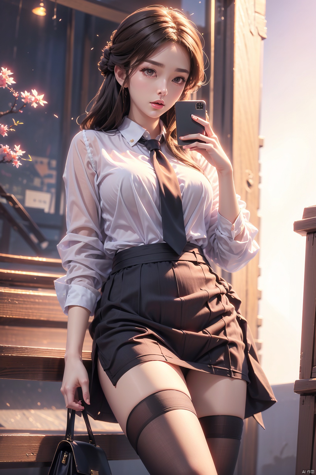  8K image., shinkai color,1girl, solo, long hair, skirt, shirt, thighhighs, holding, school uniform, purple eyes, white shirt, black hair, necktie, black thighhighs, bag, zettai ryouiki, phone, cellphone, smartphone, holding phone