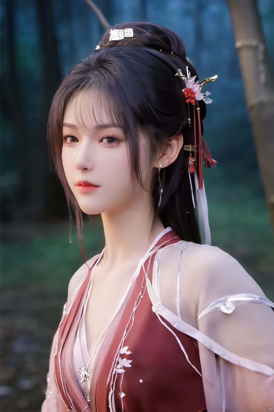  ((4k,masterpiece,best quality)),1girl, face focus, asian,standing,red,black,
((upper_body:0.7)),full breasts, (big breasts:1.59),long hair,eyes,Colored pupil,earrings,jewelry,(perfect face), shiny skin, 
forest,water, wet, 
masterpiece, best quality,depth of field, cinematic composition, best lighting,light master,RAW photo, dslr, film grain, Fujifilm XT3, night shot, light master,Hosino, Face Score,daxiushan,daxiushan style,hanfu,Xshengcaier ,(huge breasts:1.59),
