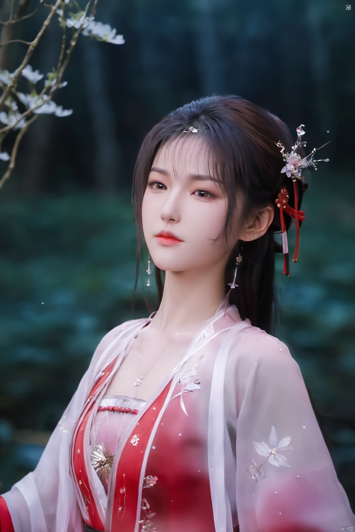 ((4k,masterpiece,best quality)),1girl, face focus, asian,standing,red,black,
((upper_body:0.7)),full breasts, (big breasts:1.79),long hair,eyes,Colored pupil,earrings,jewelry,(perfect face), shiny skin, 
forest,water, wet, 
masterpiece, best quality,depth of field, cinematic composition, best lighting,light master,RAW photo, dslr, film grain, Fujifilm XT3, night shot, light master,Hosino, Face Score,daxiushan,daxiushan style,hanfu,Xshengcaier ,(huge breasts:1.59),