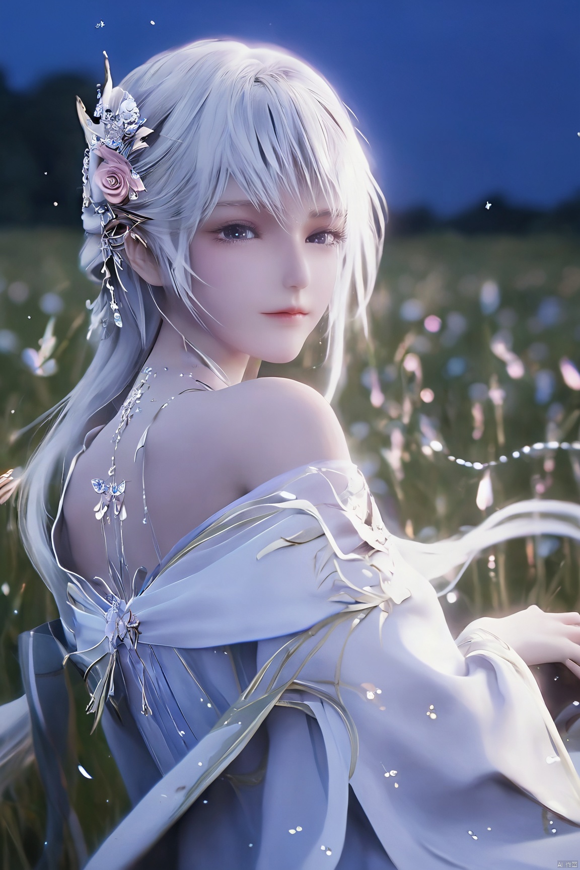 ((masterpiece)),((best quality)),wallpaper,ce,1girl,solo,breasts,white hair,long hair,bare shoulders,white dress,a slim figure,long hair,split long sleeves,dynamic_pose,night,madotsuki,starry_sky,depth of field,facial polishing,delicate skin,reflective eye shadow,tanono,fluorescence,in a meadow,mizu,river,,,stenciled_rose,flower field,portrait,,Xshengcaier,full breasts, (big breasts:1.59)