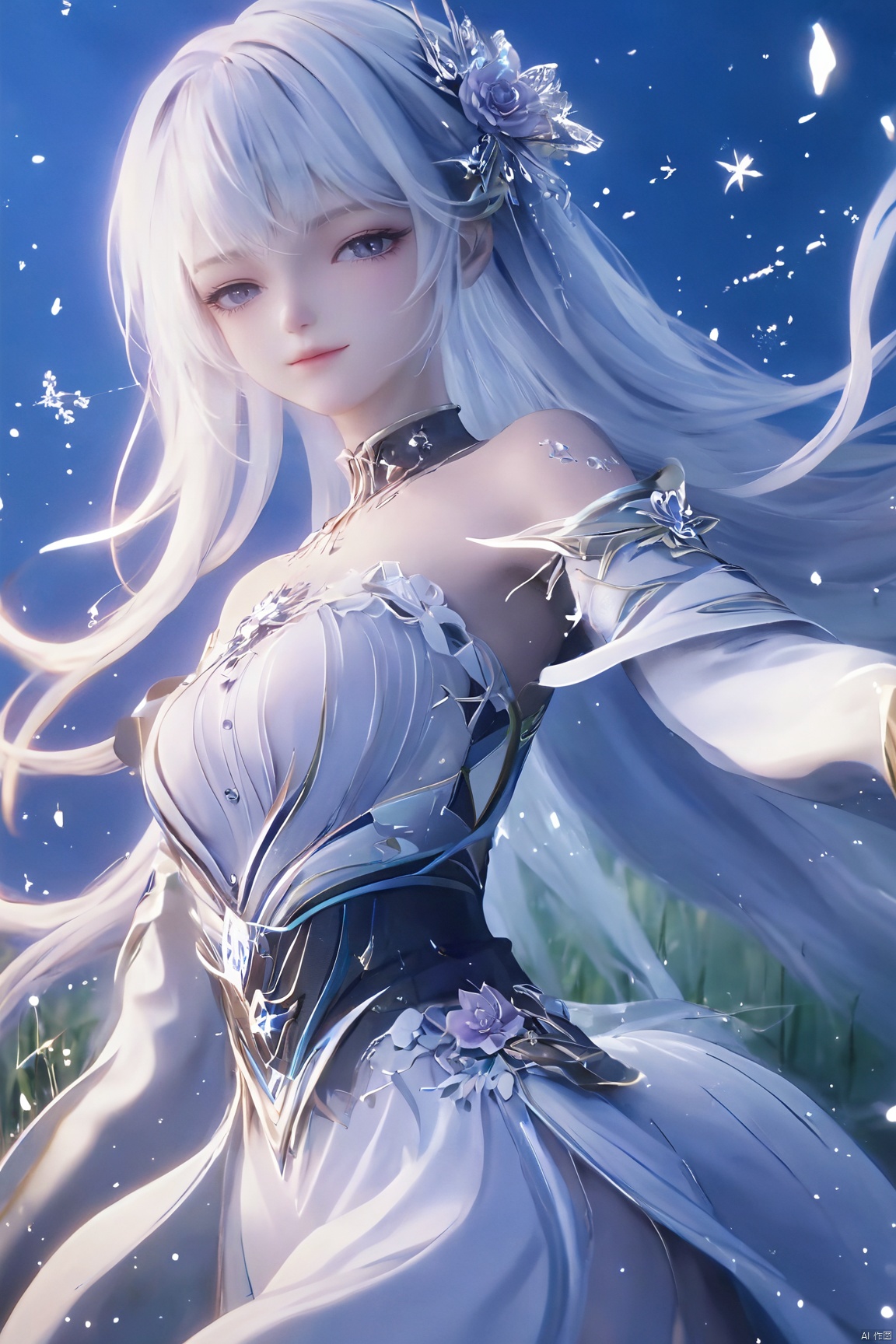 ((masterpiece)),((best quality)),wallpaper,ce,1girl,solo,breasts,white hair,long hair,bare shoulders,white dress,a slim figure,long hair,split long sleeves,dynamic_pose,night,madotsuki,starry_sky,depth of field,facial polishing,delicate skin,reflective eye shadow,tanono,fluorescence,in a meadow,mizu,river,,,stenciled_rose,flower field,portrait,,Xshengcaier,full breasts, (big breasts:1.59)