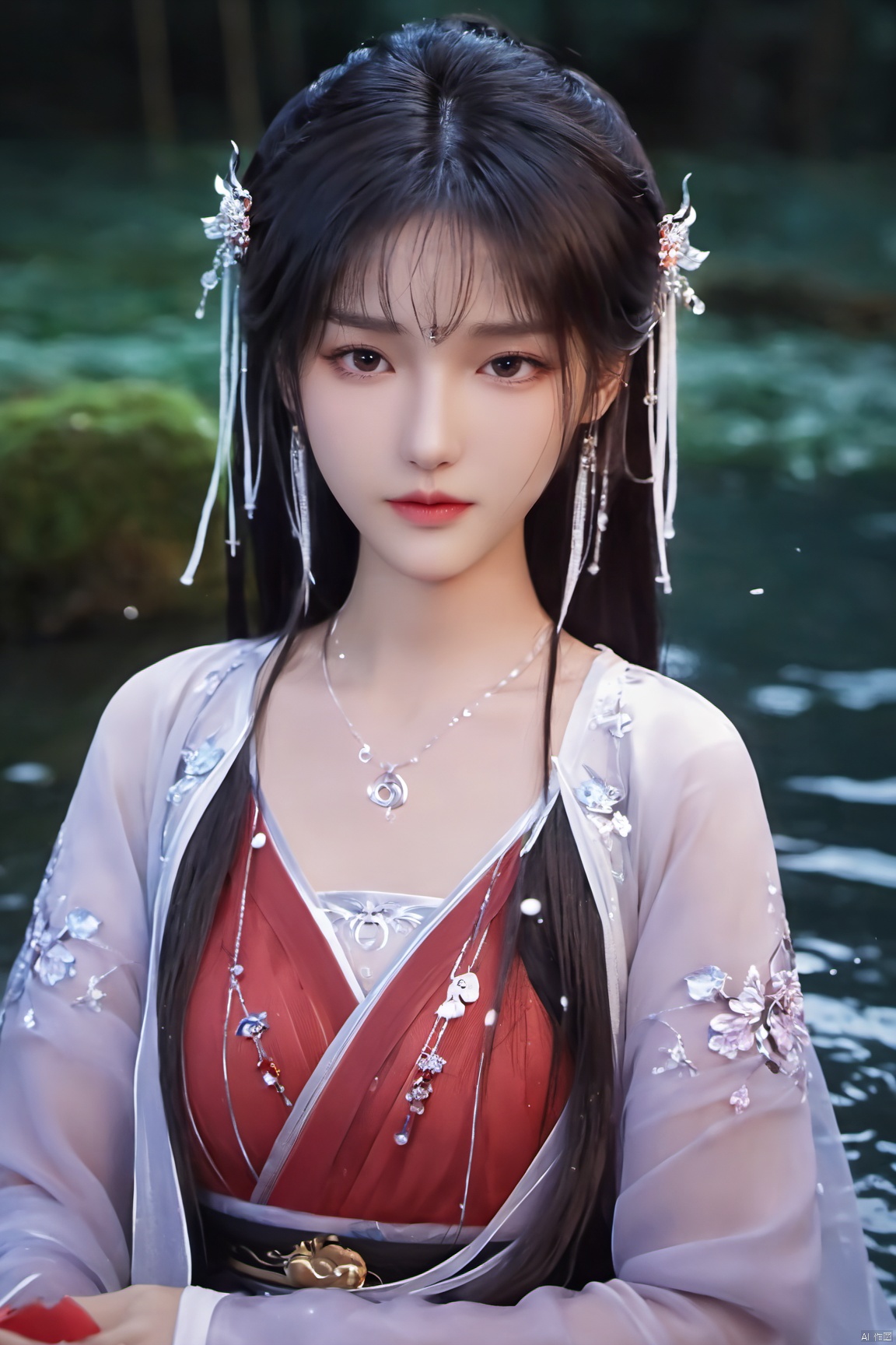  ((4k,masterpiece,best quality)),1girl, face focus, asian,standing,red,black,
((upper_body:0.7)),full breasts, (big breasts:1.79),long hair,eyes,Colored pupil,earrings,jewelry,(perfect face), shiny skin, 
forest,water, wet, 
masterpiece, best quality,depth of field, cinematic composition, best lighting,light master,RAW photo, dslr, film grain, Fujifilm XT3, night shot, light master,Hosino, Face Score,daxiushan,daxiushan style,hanfu,Xshengcaier ,(huge breasts:1.59),