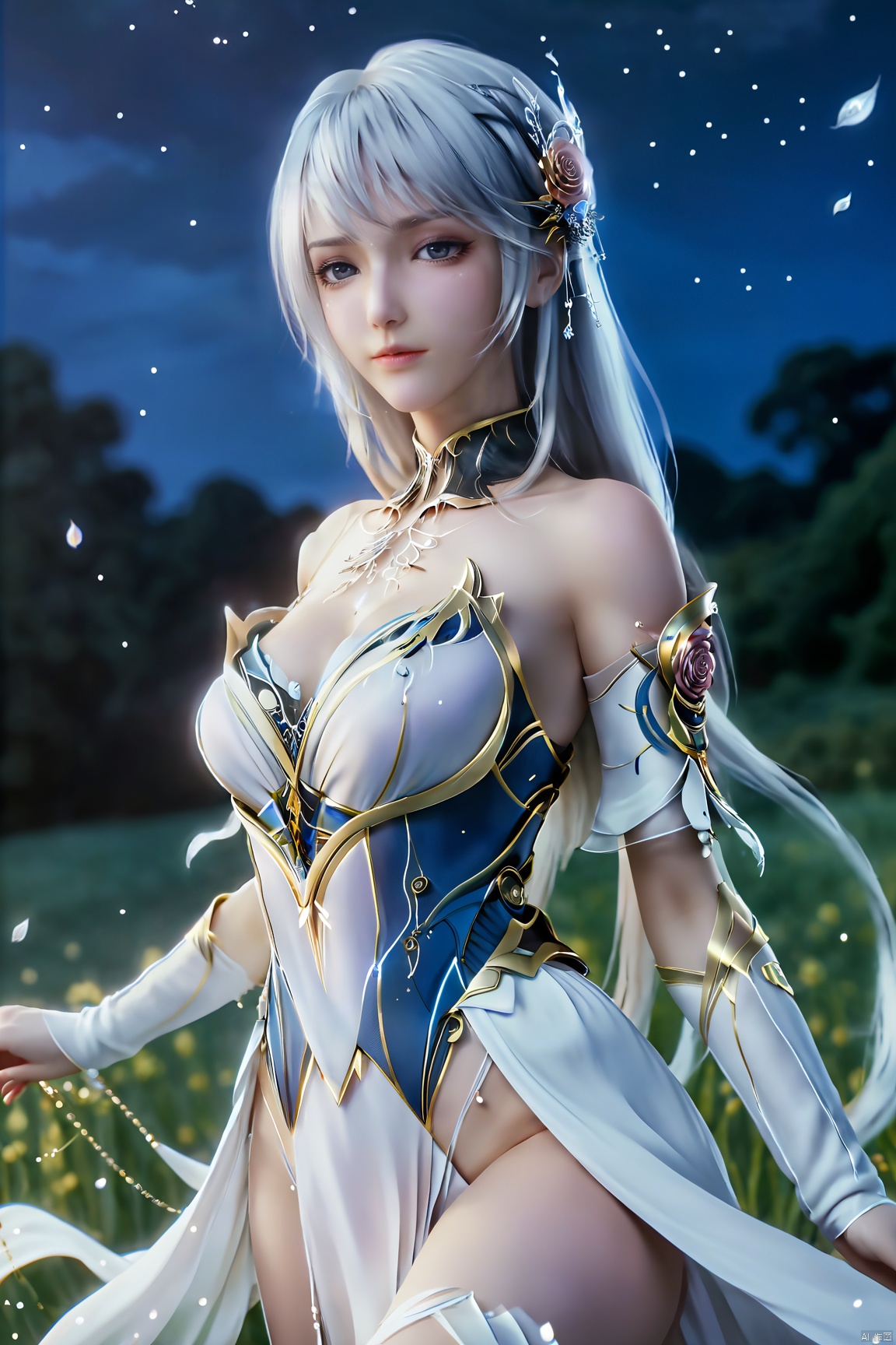 ((masterpiece)),((best quality)),wallpaper,ce,1girl,solo,breasts,white hair,long hair,bare shoulders,white dress,a slim figure,long hair,split long sleeves,dynamic_pose,night,madotsuki,starry_sky,depth of field,facial polishing,delicate skin,reflective eye shadow,tanono,fluorescence,in a meadow,mizu,river,,,stenciled_rose,flower field,portrait,,Xshengcaier,full breasts, (big breasts:1.59)