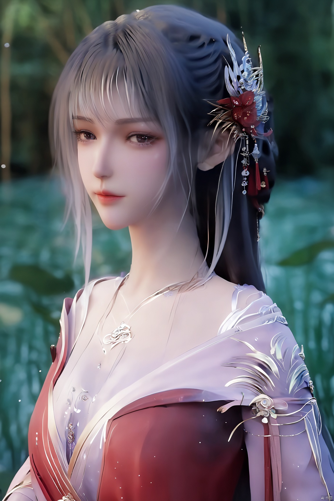  ((4k,masterpiece,best quality)),1girl, face focus, asian,standing,red,black,
((upper_body:0.7)),full breasts, (big breasts:1.79),long hair,eyes,Colored pupil,earrings,jewelry,(perfect face), shiny skin, 
forest,water, wet, 
masterpiece, best quality,depth of field, cinematic composition, best lighting,light master,RAW photo, dslr, film grain, Fujifilm XT3, night shot, light master,Hosino, Face Score,daxiushan,daxiushan style,hanfu,Xshengcaier ,(huge breasts:1.59),