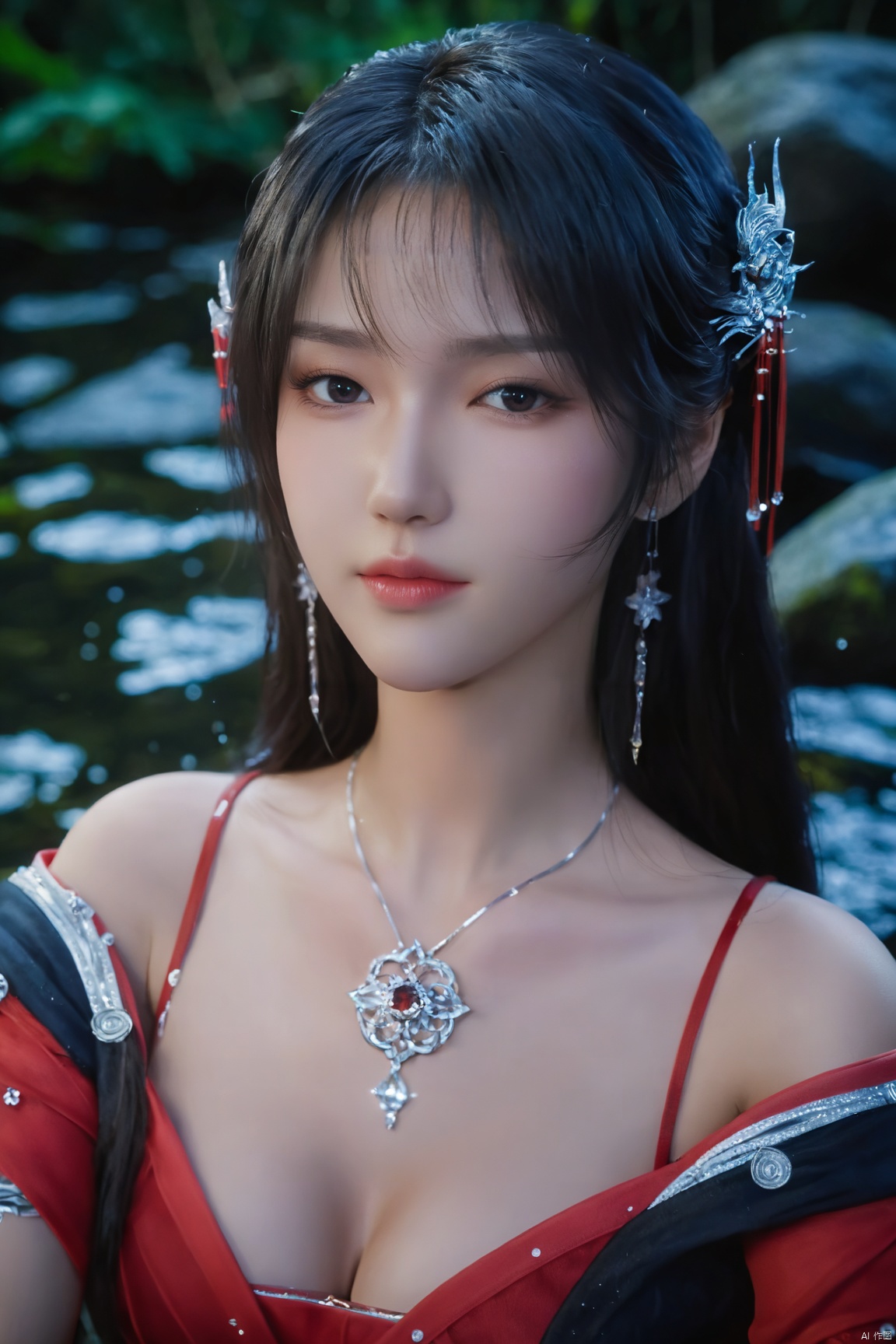  ((4k,masterpiece,best quality)),1girl, face focus, asian,standing,red,black,
((upper_body:0.7)),full breasts, (big breasts:1.79),long hair,eyes,Colored pupil,earrings,jewelry,(perfect face), shiny skin, 
forest,water, wet, 
masterpiece, best quality,depth of field, cinematic composition, best lighting,light master,RAW photo, dslr, film grain, Fujifilm XT3, night shot, light master,Hosino, Face Score,daxiushan,daxiushan style,hanfu,Xshengcaier ,(huge breasts:1.59),