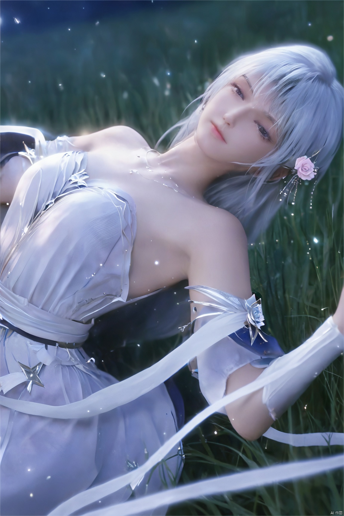 ((masterpiece)),((best quality)),wallpaper,ce,1girl,solo,breasts,white hair,long hair,bare shoulders,white dress,a slim figure,long hair,split long sleeves,dynamic_pose,night,madotsuki,starry_sky,depth of field,facial polishing,delicate skin,reflective eye shadow,tanono,fluorescence,in a meadow,mizu,river,,,stenciled_rose,flower field,portrait,,Xshengcaier,full breasts, (big breasts:1.59)