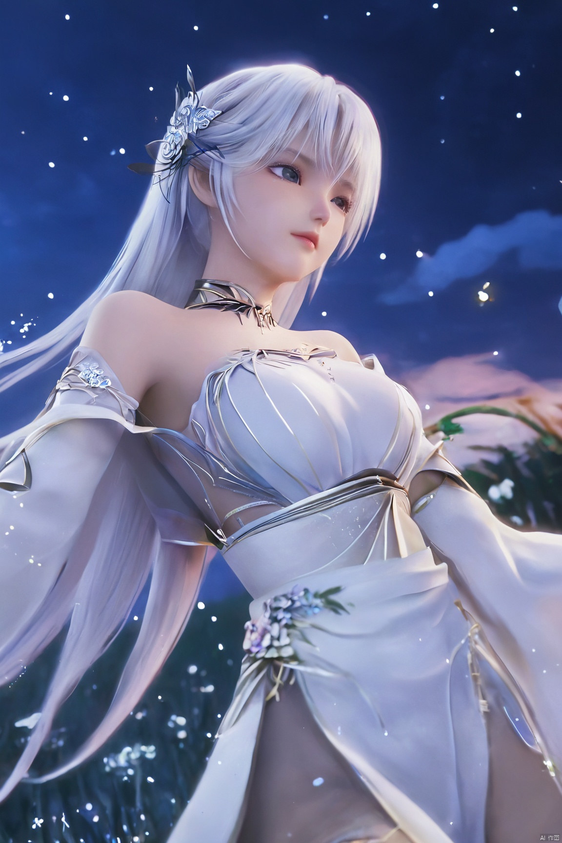 ((masterpiece)),((best quality)),wallpaper,ce,1girl,solo,breasts,white hair,long hair,bare shoulders,white dress,a slim figure,long hair,split long sleeves,dynamic_pose,night,madotsuki,starry_sky,depth of field,facial polishing,delicate skin,reflective eye shadow,tanono,fluorescence,in a meadow,mizu,river,,,stenciled_rose,flower field,portrait,,Xshengcaier,full breasts, (big breasts:1.59)