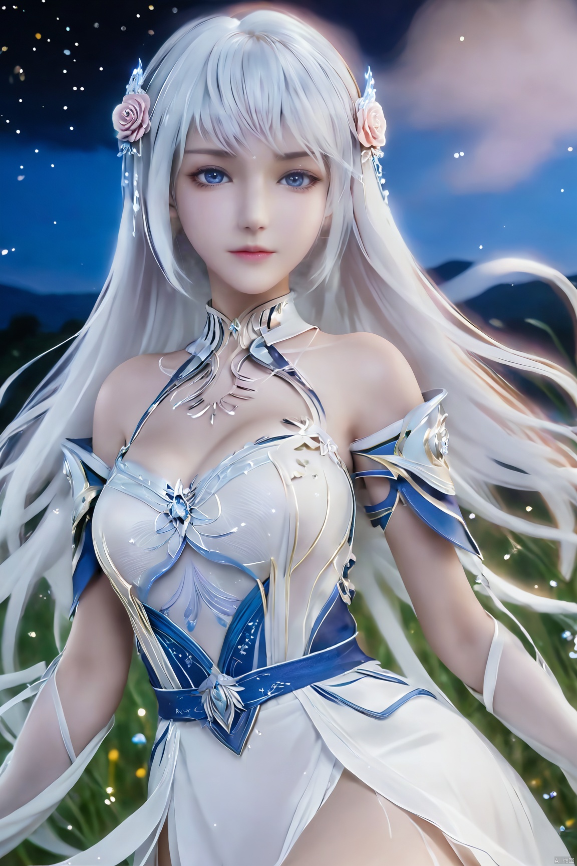 ((masterpiece)),((best quality)),wallpaper,ce,1girl,solo,breasts,white hair,long hair,bare shoulders,white dress,a slim figure,long hair,split long sleeves,dynamic_pose,night,madotsuki,starry_sky,depth of field,facial polishing,delicate skin,reflective eye shadow,tanono,fluorescence,in a meadow,mizu,river,,,stenciled_rose,flower field,portrait,,Xshengcaier,full breasts, (big breasts:1.59)