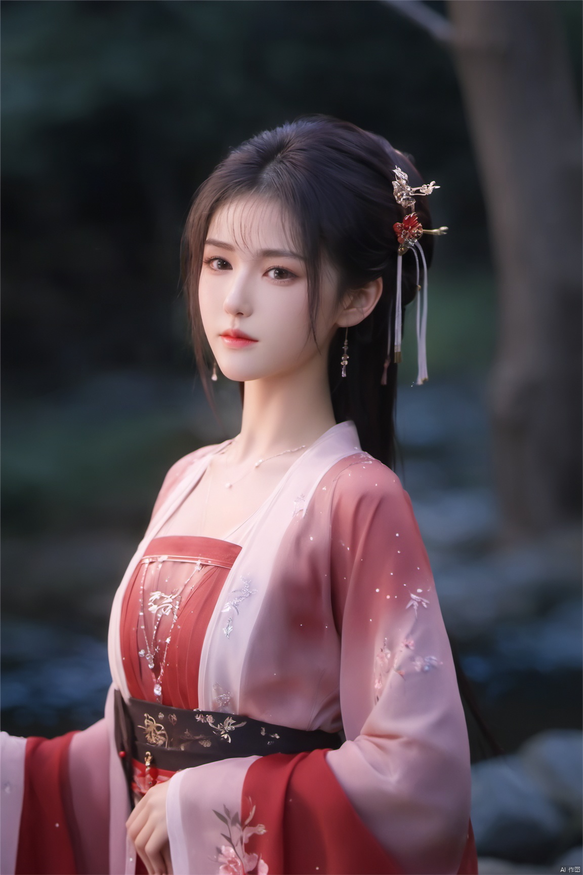  ((4k,masterpiece,best quality)),1girl, face focus, asian,standing,red,black,
((upper_body:0.7)),full breasts, (big breasts:1.39),long hair,eyes,Colored pupil,earrings,jewelry,(perfect face), shiny skin, 
forest,water, wet, 
masterpiece, best quality,depth of field, cinematic composition, best lighting,light master,RAW photo, dslr, film grain, Fujifilm XT3, night shot, light master,Hosino, Face Score,daxiushan,daxiushan style,hanfu,Xshengcaier