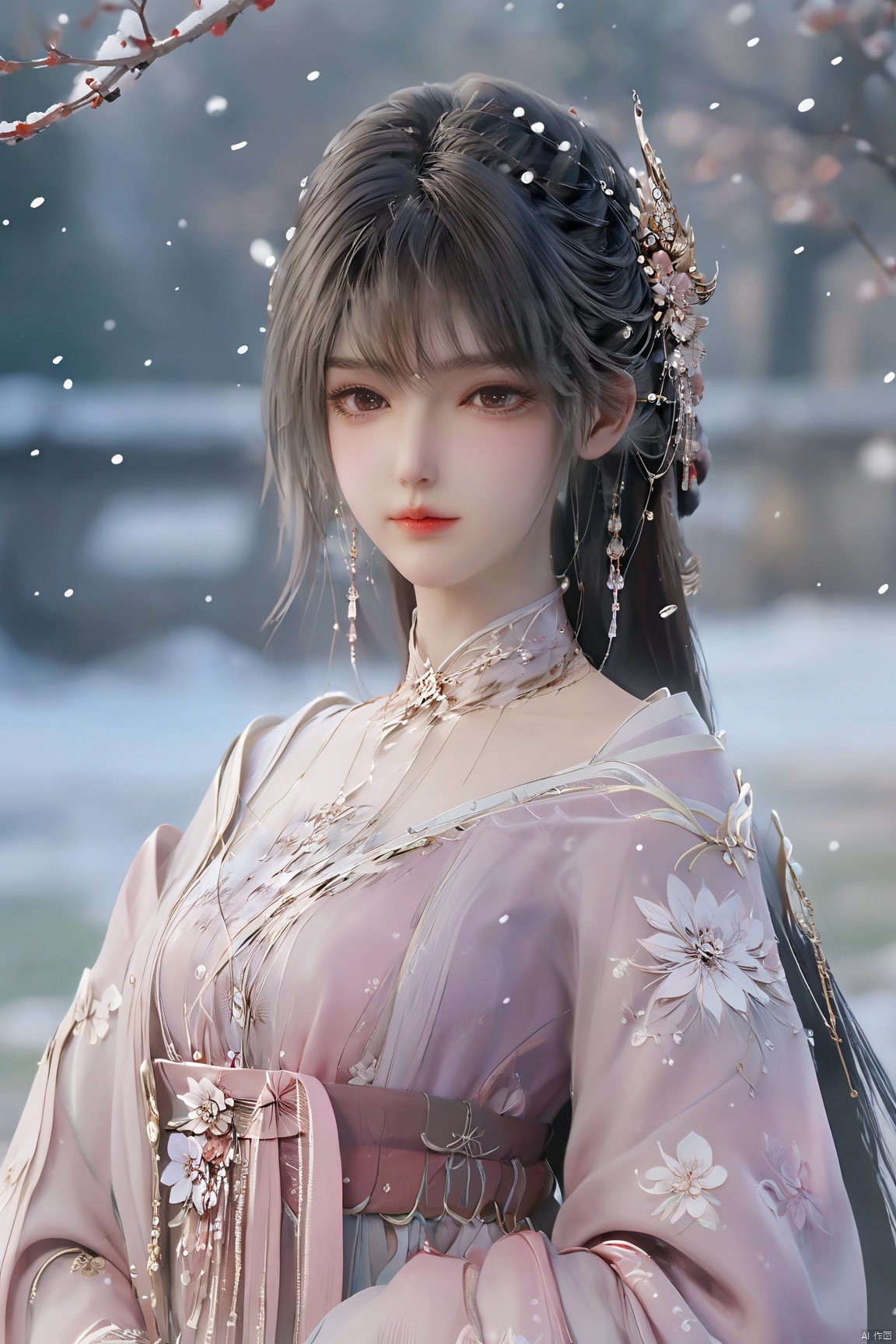  arien_hanfu,1girl,(Masterpiece:1.2), best quality, arien_hanfu,1girl, (falling_snow:1.3), looking_at_viewer,(big breasts:1.88), (plump breasts:1.7),(Tube top Hanfu:1.2),hand101,full body, 1girl
In this masterpiece artwork of the highest quality (Masterpiece version 1.2), an Arien woman dressed in a modernized hanfu style featuring a tube top design (Tube top Hanfu: 1.2) is depicted (arien_hanfu, 1girl). Against a backdrop of falling snowflakes (falling_snow: 1.3), she gazes directly at the viewer (looking_at_viewer), creating a distinct and profound sense of engagement.

The female figure in the painting possesses generously proportioned attributes, characterized by larger-than-average breasts (big breasts: 1.88) and plumpness (plump breasts: 1.7), which harmoniously complement her form-fitting upper garment in traditional Chinese attire.

The composition presents a full-body portrait (full body), with intricate attention given to the detail of the woman's hands identified as hand101, adding a layer of lifelike authenticity and artistic expression to the scene.

Overall, this work skillfully captures and portrays a voluptuous woman in a contemporary-styled hanfu within a snowy setting, successfully merging classical elements with modern fashion sensibilities, and offering high artistic appreciation value., yaya,Xshengcaier