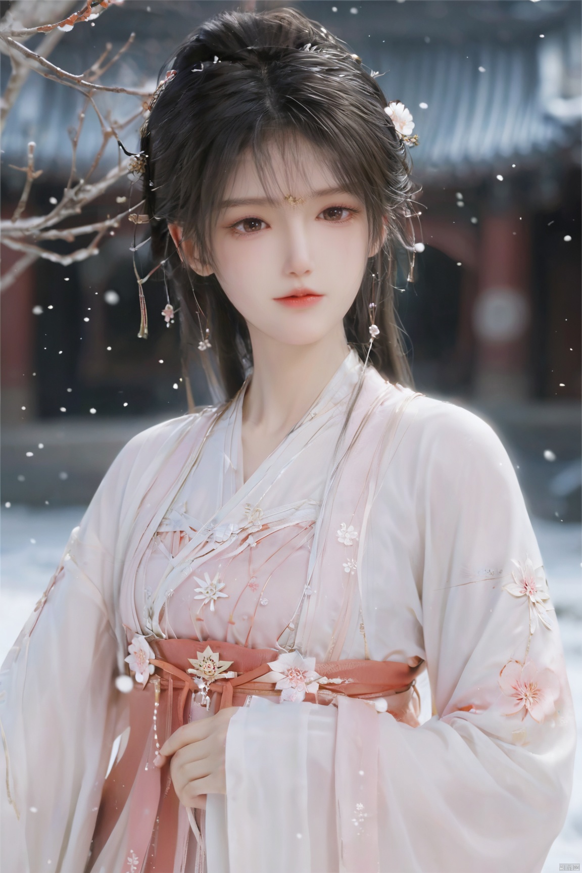  arien_hanfu,1girl,(Masterpiece:1.2), best quality, arien_hanfu,1girl, (falling_snow:1.3), looking_at_viewer,(big breasts:1.88), (plump breasts:1.7),(Tube top Hanfu:1.2),hand101,full body, 1girl
In this masterpiece artwork of the highest quality (Masterpiece version 1.2), an Arien woman dressed in a modernized hanfu style featuring a tube top design (Tube top Hanfu: 1.2) is depicted (arien_hanfu, 1girl). Against a backdrop of falling snowflakes (falling_snow: 1.3), she gazes directly at the viewer (looking_at_viewer), creating a distinct and profound sense of engagement.

The female figure in the painting possesses generously proportioned attributes, characterized by larger-than-average breasts (big breasts: 1.88) and plumpness (plump breasts: 1.7), which harmoniously complement her form-fitting upper garment in traditional Chinese attire.

The composition presents a full-body portrait (full body), with intricate attention given to the detail of the woman's hands identified as hand101, adding a layer of lifelike authenticity and artistic expression to the scene.

Overall, this work skillfully captures and portrays a voluptuous woman in a contemporary-styled hanfu within a snowy setting, successfully merging classical elements with modern fashion sensibilities, and offering high artistic appreciation value., yaya,Xshengcaier