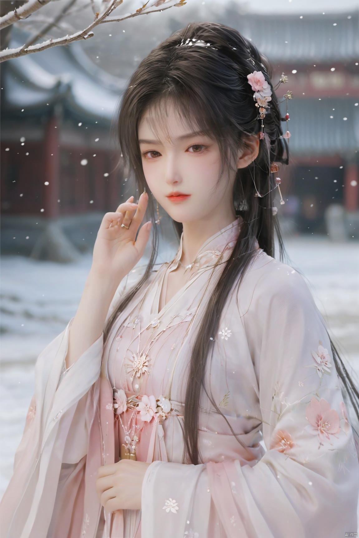  arien_hanfu,1girl,(Masterpiece:1.2), best quality, arien_hanfu,1girl, (falling_snow:1.3), looking_at_viewer,(big breasts:1.88), (plump breasts:1.7),(Tube top Hanfu:1.2),hand101,full body, 1girl
In this masterpiece artwork of the highest quality (Masterpiece version 1.2), an Arien woman dressed in a modernized hanfu style featuring a tube top design (Tube top Hanfu: 1.2) is depicted (arien_hanfu, 1girl). Against a backdrop of falling snowflakes (falling_snow: 1.3), she gazes directly at the viewer (looking_at_viewer), creating a distinct and profound sense of engagement.

The female figure in the painting possesses generously proportioned attributes, characterized by larger-than-average breasts (big breasts: 1.88) and plumpness (plump breasts: 1.7), which harmoniously complement her form-fitting upper garment in traditional Chinese attire.

The composition presents a full-body portrait (full body), with intricate attention given to the detail of the woman's hands identified as hand101, adding a layer of lifelike authenticity and artistic expression to the scene.

Overall, this work skillfully captures and portrays a voluptuous woman in a contemporary-styled hanfu within a snowy setting, successfully merging classical elements with modern fashion sensibilities, and offering high artistic appreciation value., yaya,Xshengcaier