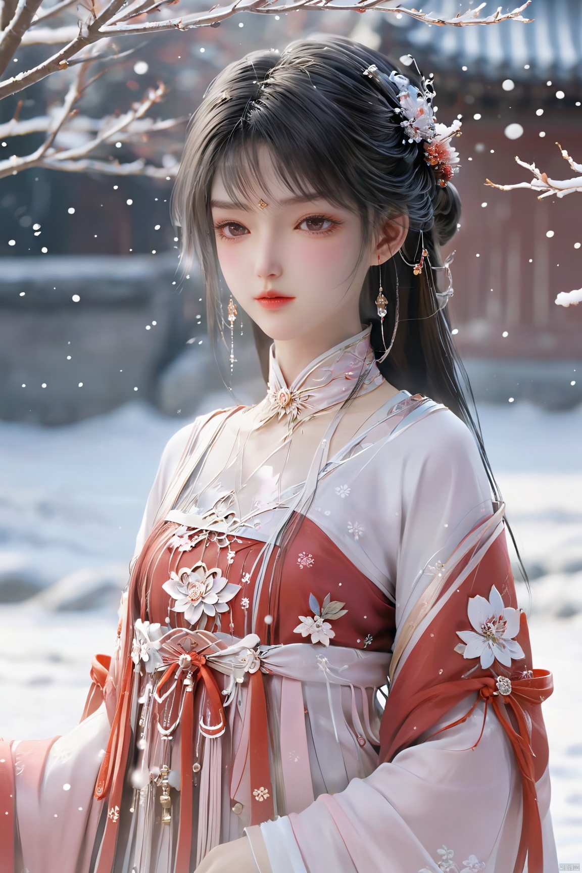  arien_hanfu,1girl,(Masterpiece:1.2), best quality, arien_hanfu,1girl, (falling_snow:1.3), looking_at_viewer,(big breasts:1.88), (plump breasts:1.7),(Tube top Hanfu:1.2),hand101,full body, 1girl
In this masterpiece artwork of the highest quality (Masterpiece version 1.2), an Arien woman dressed in a modernized hanfu style featuring a tube top design (Tube top Hanfu: 1.2) is depicted (arien_hanfu, 1girl). Against a backdrop of falling snowflakes (falling_snow: 1.3), she gazes directly at the viewer (looking_at_viewer), creating a distinct and profound sense of engagement.

The female figure in the painting possesses generously proportioned attributes, characterized by larger-than-average breasts (big breasts: 1.88) and plumpness (plump breasts: 1.7), which harmoniously complement her form-fitting upper garment in traditional Chinese attire.

The composition presents a full-body portrait (full body), with intricate attention given to the detail of the woman's hands identified as hand101, adding a layer of lifelike authenticity and artistic expression to the scene.

Overall, this work skillfully captures and portrays a voluptuous woman in a contemporary-styled hanfu within a snowy setting, successfully merging classical elements with modern fashion sensibilities, and offering high artistic appreciation value., yaya,Xshengcaier