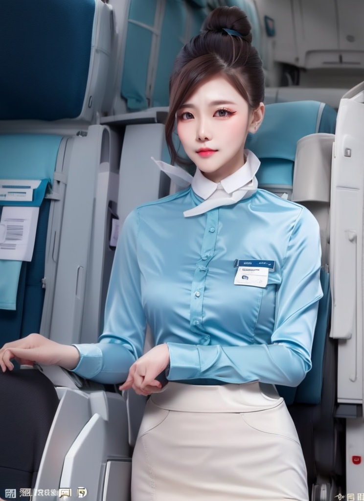 1 slim flight crew with beautiful face,  single hair bun hair,  black hair on Tensor.Art