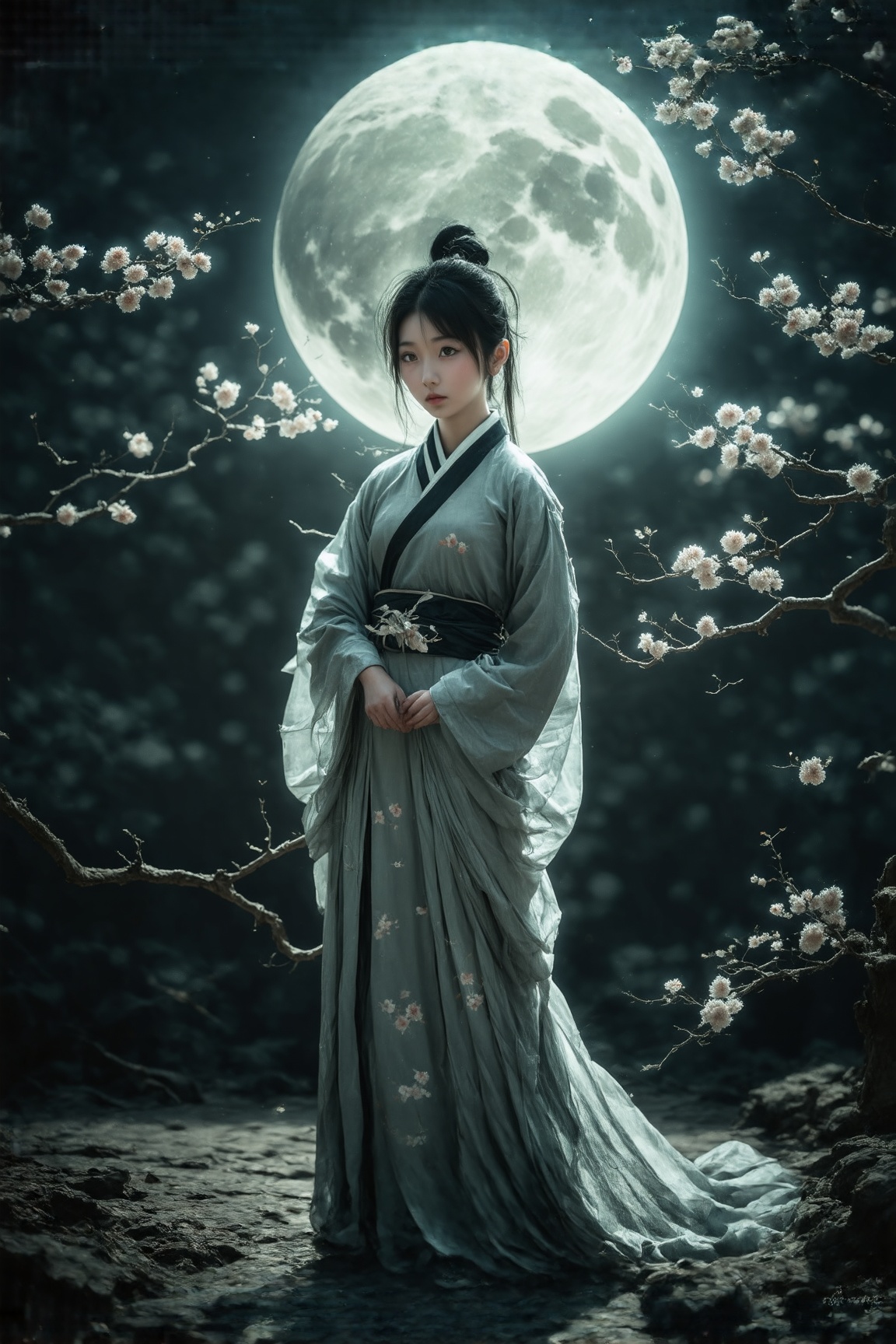 A serene East Asian-inspired scene: a young woman stands tall in the foreground, her face illuminated by the soft glow of the full moon hovering above. Her bright, shining eyes and glossy lips are the focal point, with a blurred background adding depth to the composition. Traditional media techniques bring a sense of nostalgia to this trending ArtStation piece, capturing the subject's entire figure in a stunning, atmospheric setup.