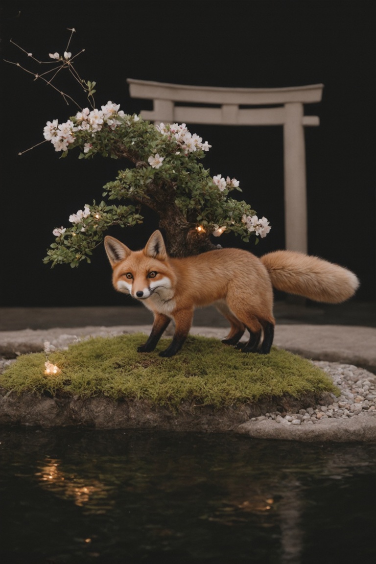The image showcases an extraordinary being that seems to be a fusion of a fox, a bonsai tree, and a constellation, captured in what appears to be a serene Japanese garden at night.
The creature has the general shape and size of a red fox, with a slender body, pointed ears, and a bushy tail. However, instead of fur, its body is covered in a layer of fine, moss-like growth interspersed with delicate cherry blossom flowers. The moss shifts in color from deep greens to soft blues, creating a living tapestry across its form.
The fox's tail is where the bonsai element truly shines. It fans out into an intricate network of miniature tree branches, complete with tiny leaves and even smaller cherry blossoms. This bonsai tail appears to be in perfect proportion, as if crafted by a master gardener over many years.
Most strikingly, portions of the creature's body seem to be composed of star-like lights connected by faint, glowing lines - like a living constellation. These stellar patterns are most prominent along its back and face, creating the impression that you're looking at a piece of the night sky shaped into a fox form.
The being's eyes are particularly captivating - they appear as swirling galaxies, deep and mesmerizing, suggesting both ancient wisdom and cosmic playfulness.
As the creature moves, small firefly-like lights drift off its body, leaving brief, glowing trails in the air before fading away. This gives the impression of stars gently falling around it with each step.
The setting is a traditional Japanese garden at night. A stone lantern casts soft light nearby, illuminating a small koi pond and a carefully raked gravel path. Bamboo sways gently in the background, and a torii gate is just visible in the distance.
Despite the fantastical nature of this hybrid creature, the photograph appears incredibly lifelike. Every detail is rendered with photorealistic precision - from the texture of the moss and the delicate structure of the bonsai branches to the subtle glow of the constellation patterns and the reflection of starlight on the pond's surface.
The creature is captured mid-step, one paw raised as it walks along the edge of the koi pond. Its posture is alert yet serene, its galaxy eyes focused on something just out of frame, creating a sense of mystery and magic in this beautifully composed nocturnal scene.