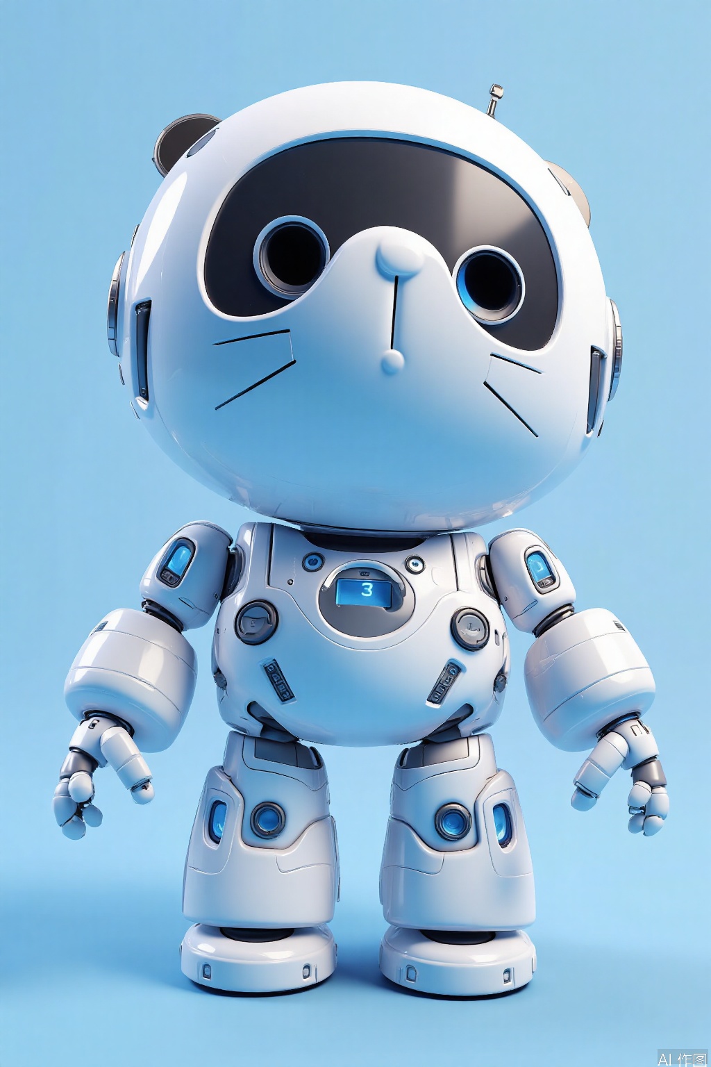 The image shows a 3D-rendered character resembling a robot or futuristic creature, designed to look like a cat. The character is wearing a white spacesuit with black and silver details, including a helmet with blue accents and a visor. The suit has a digital display showing the number "3" on the chest area. The background is a solid light blue, providing a clean and minimalistic backdrop that highlights the character. The overall design is sleek and modern, with a focus on the character's expressive eyes and whiskers.