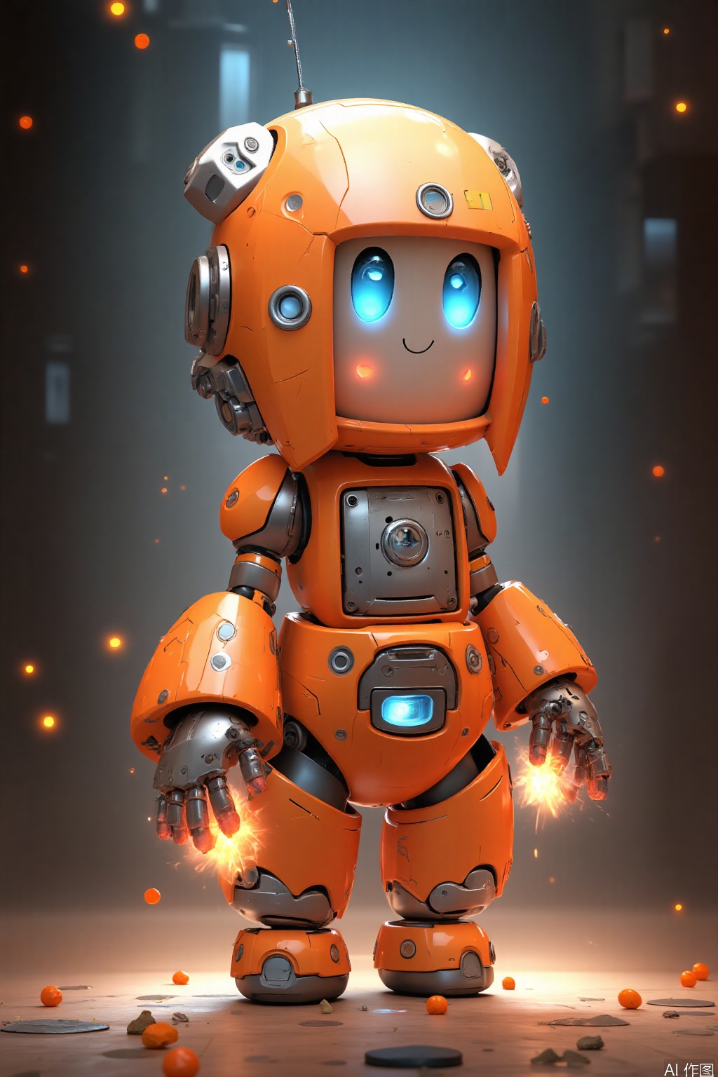 The image depicts a chibi-style robot with large, expressive blue eyes and a cheerful expression. The robot is wearing a futuristic orange and silver suit with intricate mechanical details, including joints and a chest panel that resembles a camera. The robot stands on a tiled floor scattered with small orange spheres and debris, suggesting a post-apocalyptic or industrial setting. In the background, there are dimly lit structures with glowing lights and cables, creating a mysterious and slightly eerie atmosphere. The overall scene has a whimsical and imaginative quality, blending elements of technology and fantasy.