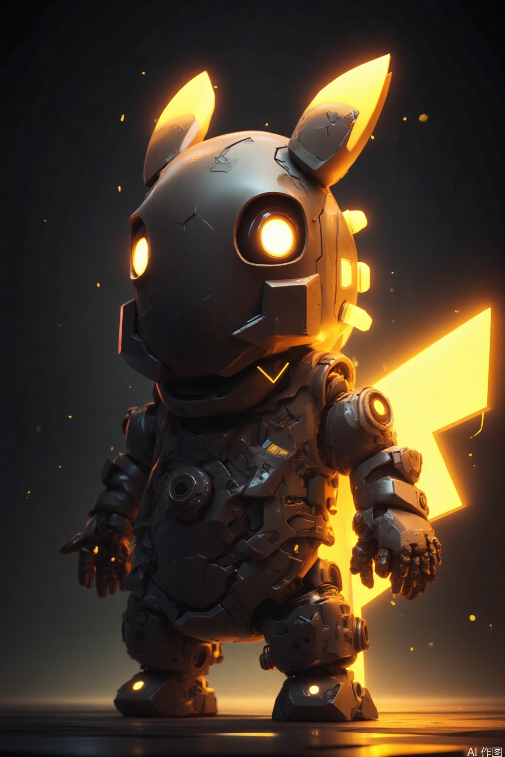 The image depicts a highly stylized and futuristic version of the character Pikachu, designed in a robotic or armored form. The character is standing upright and is adorned with a black, metallic suit that covers its entire body, including its head. The suit is equipped with sharp, angular elements that give it a formidable and battle-ready appearance. The character's eyes are large and expressive, with a determined and slightly fierce look.

The background is dark, with subtle, glowing effects that enhance the dramatic and intense atmosphere of the scene. There are bright orange and yellow streaks that seem to emanate from the character, suggesting energy or power. The ground reflects the light, giving a sense of depth and adding to the overall dynamic feel of the image.

The character's tail is visible, extending upwards and glowing with a bright yellow lightning bolt, which is a signature element of Pikachu. The design of the suit and the lightning bolt are reminiscent of the character's traditional form, but with a modern, high-tech twist.

Overall, the image combines elements of both Pikachu and futuristic technology, creating a unique and visually striking character.