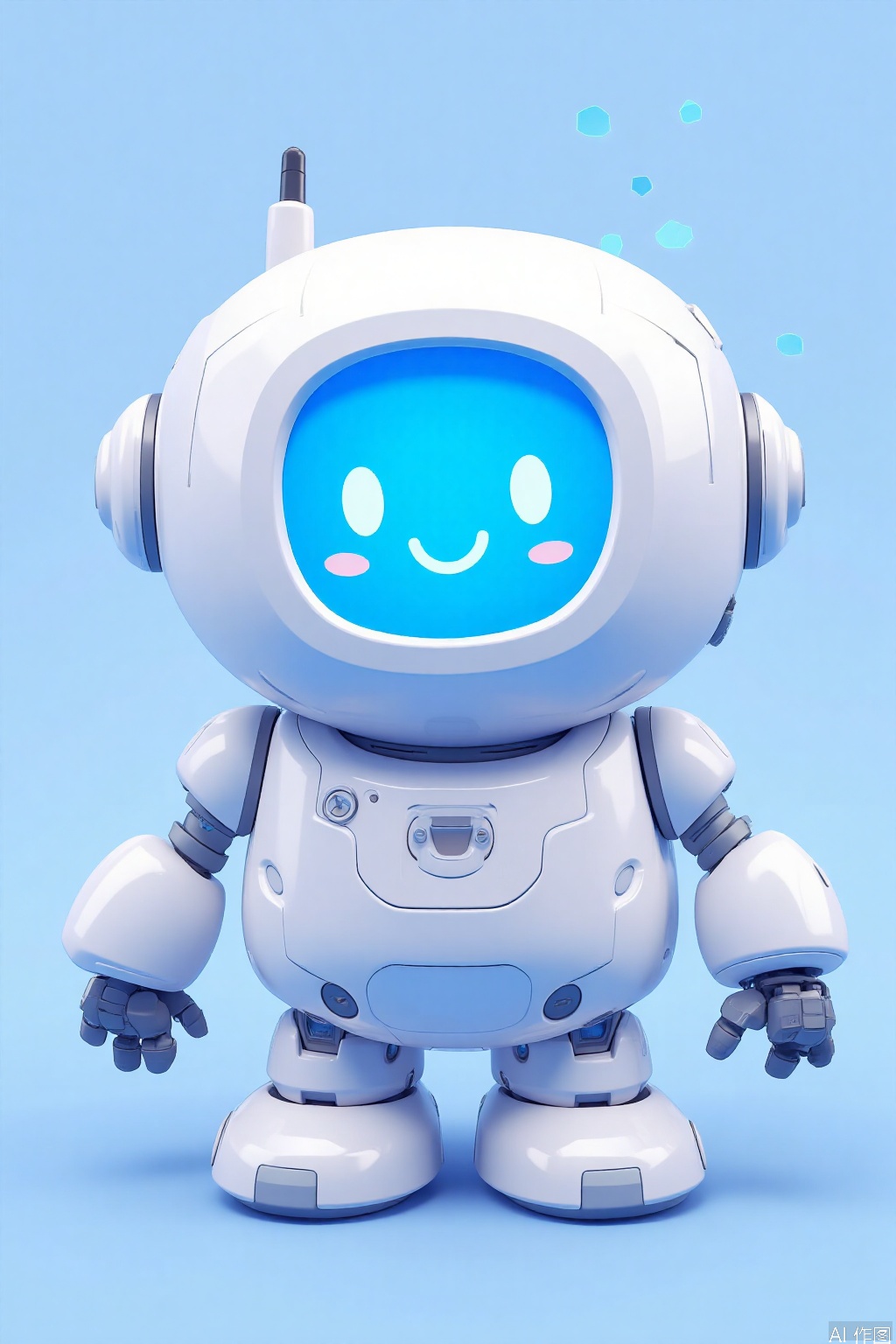 The image depicts a cute, cartoon-style robot with a rounded, blue-lit face featuring two bright, oval-shaped eyes. The robot has a smooth, glossy white body with rounded edges, giving it a modern and friendly appearance. It has two small, antenna-like protrusions on its head, and its arms are designed with large, circular joints, suggesting it can move around. The robot is standing upright, and there are a few small, blue geometric shapes floating to the right of its head, possibly representing sound waves or thought bubbles. The background is a plain, light blue, which complements the robot's overall cool and futuristic aesthetic.