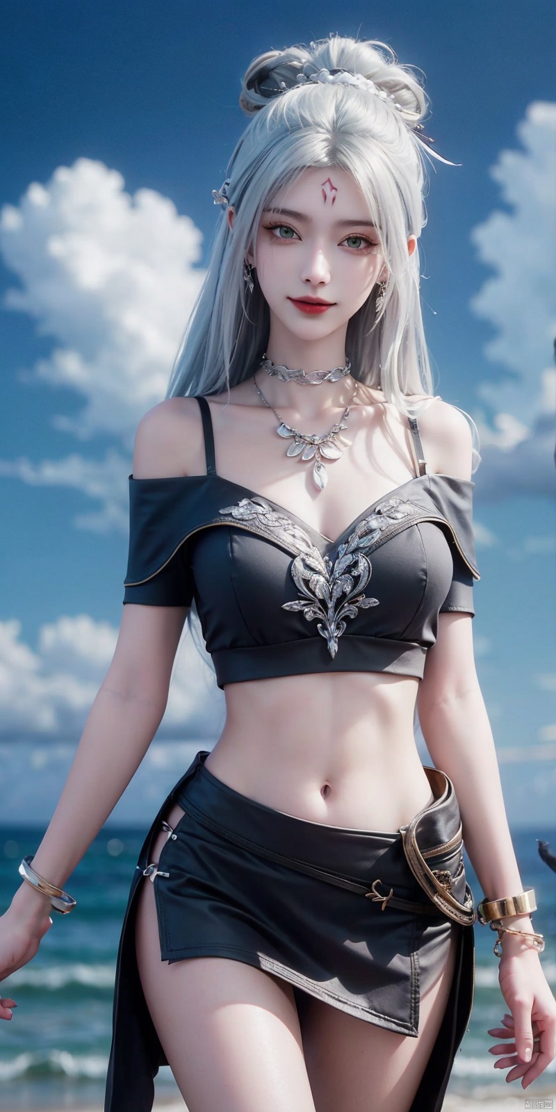 best quality, masterpiece, realistic,cowboy_shot,(Good structure), DSLR Quality,Depth of field,kind smile,looking_at_viewer,Dynamic pose, 
,Short skirt,Blue sky, white clouds, ocean, nai3, 1girl, solo, crop top, , choker, navel, shirt, midriff, crop top overhang, looking at viewer, white shirt, jewelry, breasts, bare shoulders, off-shoulder shirt, off shoulder, black choker, thighs, stomach, long hair, bracelet, short sleeves, ribbon, hand up, collarbone, hair ribbon, medium breasts, , bra strap, , hair ornament, thigh gap, necklace, expressionless, , ,kind smile,xiaobai,white hair,green eyes, hair bun