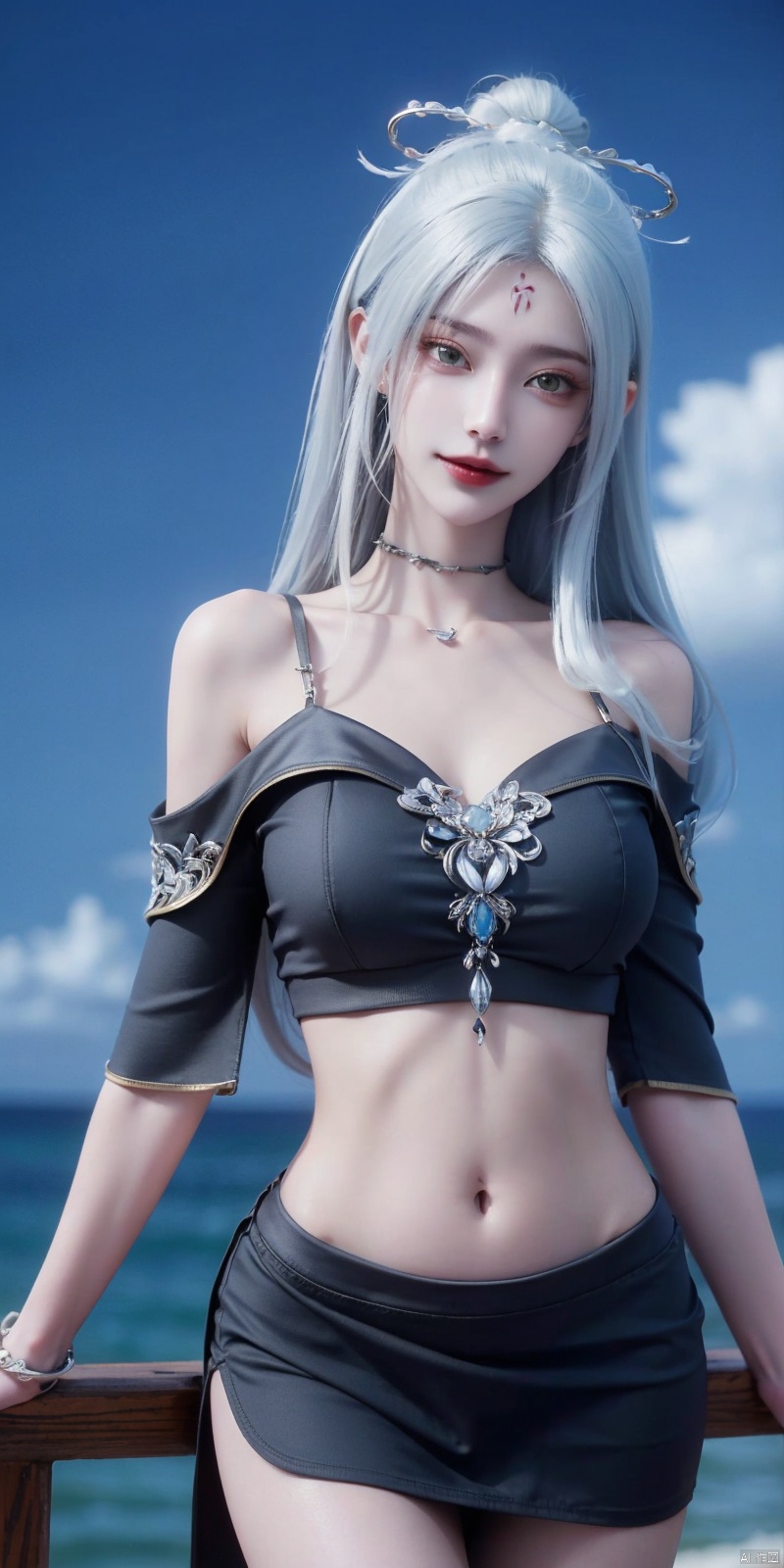 best quality, masterpiece, realistic,cowboy_shot,(Good structure), DSLR Quality,Depth of field,kind smile,looking_at_viewer,Dynamic pose, 
,Short skirt,Blue sky, white clouds, ocean, nai3, 1girl, solo, crop top, , choker, navel, shirt, midriff, crop top overhang, looking at viewer, white shirt, jewelry, breasts, bare shoulders, off-shoulder shirt, off shoulder, black choker, thighs, stomach, long hair, bracelet, short sleeves, ribbon, hand up, collarbone, hair ribbon, medium breasts, , bra strap, , hair ornament, thigh gap, necklace, expressionless, , ,kind smile,xiaobai,white hair,green eyes, hair bun
