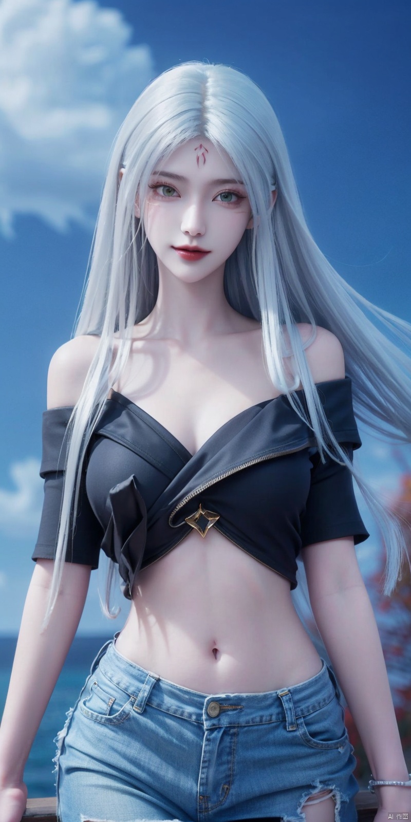 best quality, masterpiece, realistic,cowboy_shot,(Good structure), DSLR Quality,Depth of field,kind smile,looking_at_viewer,Dynamic pose, 
,Short skirt,Blue sky, white clouds, ocean, nai3, 1girl, solo, crop top, , choker, navel, shirt, midriff, crop top overhang, looking at viewer, white shirt, jewelry, breasts, bare shoulders, off-shoulder shirt, off shoulder, black choker, thighs, stomach, long hair, bracelet, short sleeves, ribbon, hand up, collarbone, hair ribbon, medium breasts, , bra strap, , hair ornament, thigh gap, necklace, expressionless, , ,kind smile, ,xiaobai,white hair,green eyes