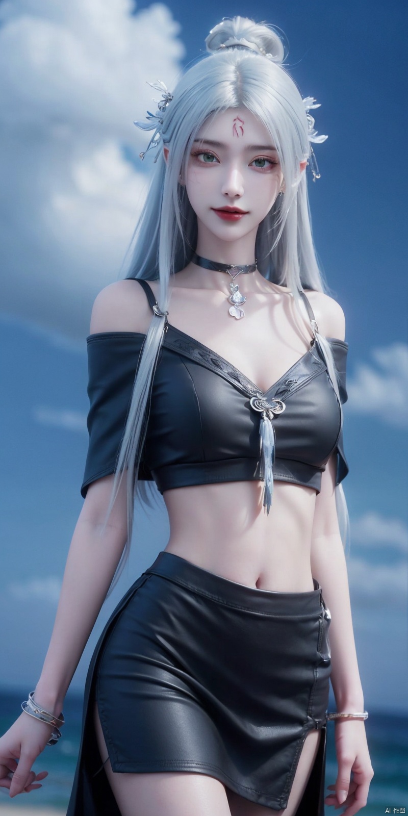 best quality, masterpiece, realistic,cowboy_shot,(Good structure), DSLR Quality,Depth of field,kind smile,looking_at_viewer,Dynamic pose, 
,Short skirt,Blue sky, white clouds, ocean, nai3, 1girl, solo, crop top, , choker, navel, shirt, midriff, crop top overhang, looking at viewer, white shirt, jewelry, breasts, bare shoulders, off-shoulder shirt, off shoulder, black choker, thighs, stomach, long hair, bracelet, short sleeves, ribbon, hand up, collarbone, hair ribbon, medium breasts, , bra strap, , hair ornament, thigh gap, necklace, expressionless, , ,kind smile,xiaobai,white hair,green eyes, hair bun