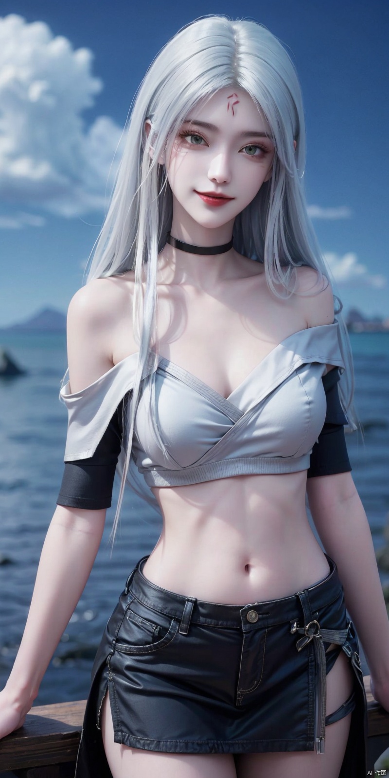 best quality, masterpiece, realistic,cowboy_shot,(Good structure), DSLR Quality,Depth of field,kind smile,looking_at_viewer,Dynamic pose, 
,Short skirt,Blue sky, white clouds, ocean, nai3, 1girl, solo, crop top, , choker, navel, shirt, midriff, crop top overhang, looking at viewer, white shirt, jewelry, breasts, bare shoulders, off-shoulder shirt, off shoulder, black choker, thighs, stomach, long hair, bracelet, short sleeves, ribbon, hand up, collarbone, hair ribbon, medium breasts, , bra strap, , hair ornament, thigh gap, necklace, expressionless, , ,kind smile, ,xiaobai,white hair,green eyes