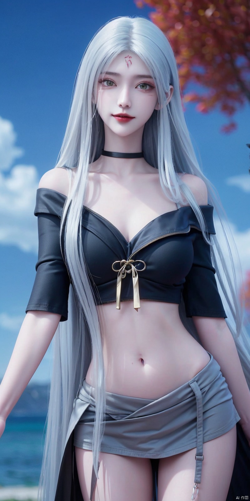 best quality, masterpiece, realistic,cowboy_shot,(Good structure), DSLR Quality,Depth of field,kind smile,looking_at_viewer,Dynamic pose, 
,Short skirt,Blue sky, white clouds, ocean, nai3, 1girl, solo, crop top, , choker, navel, shirt, midriff, crop top overhang, looking at viewer, white shirt, jewelry, breasts, bare shoulders, off-shoulder shirt, off shoulder, black choker, thighs, stomach, long hair, bracelet, short sleeves, ribbon, hand up, collarbone, hair ribbon, medium breasts, , bra strap, , hair ornament, thigh gap, necklace, expressionless, , ,kind smile, ,xiaobai,white hair,green eyes