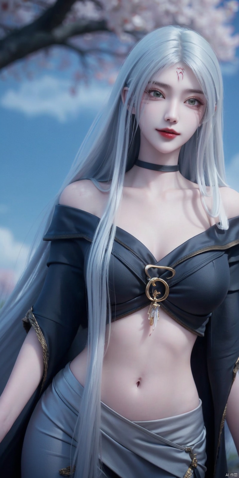 best quality, masterpiece, realistic,cowboy_shot,(Good structure), DSLR Quality,Depth of field,kind smile,looking_at_viewer,Dynamic pose, 
,Short skirt,Blue sky, white clouds, ocean, nai3, 1girl, solo, crop top, , choker, navel, shirt, midriff, crop top overhang, looking at viewer, white shirt, jewelry, breasts, bare shoulders, off-shoulder shirt, off shoulder, black choker, thighs, stomach, long hair, bracelet, short sleeves, ribbon, hand up, collarbone, hair ribbon, medium breasts, , bra strap, , hair ornament, thigh gap, necklace, expressionless, , ,kind smile, ,xiaobai,white hair,green eyes