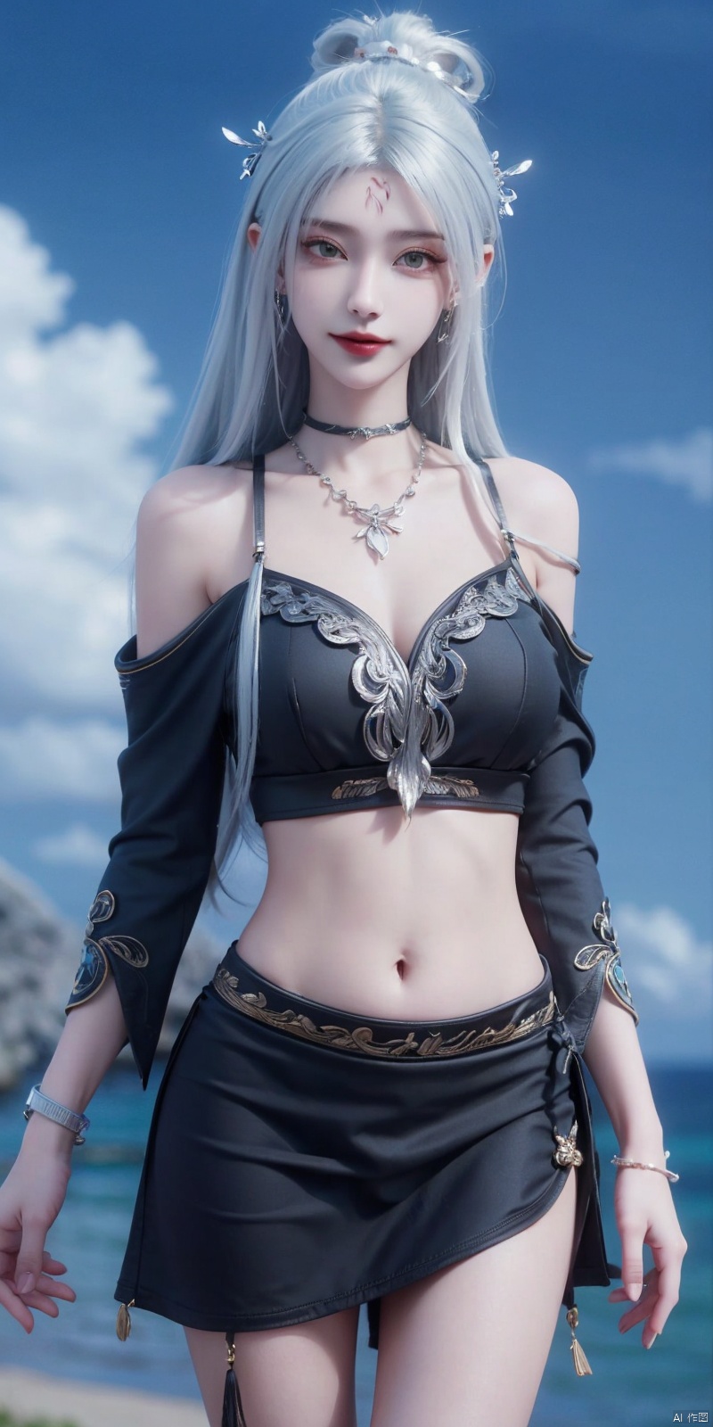 best quality, masterpiece, realistic,cowboy_shot,(Good structure), DSLR Quality,Depth of field,kind smile,looking_at_viewer,Dynamic pose, 
,Short skirt,Blue sky, white clouds, ocean, nai3, 1girl, solo, crop top, , choker, navel, shirt, midriff, crop top overhang, looking at viewer, white shirt, jewelry, breasts, bare shoulders, off-shoulder shirt, off shoulder, black choker, thighs, stomach, long hair, bracelet, short sleeves, ribbon, hand up, collarbone, hair ribbon, medium breasts, , bra strap, , hair ornament, thigh gap, necklace, expressionless, , ,kind smile,xiaobai,white hair,green eyes, hair bun