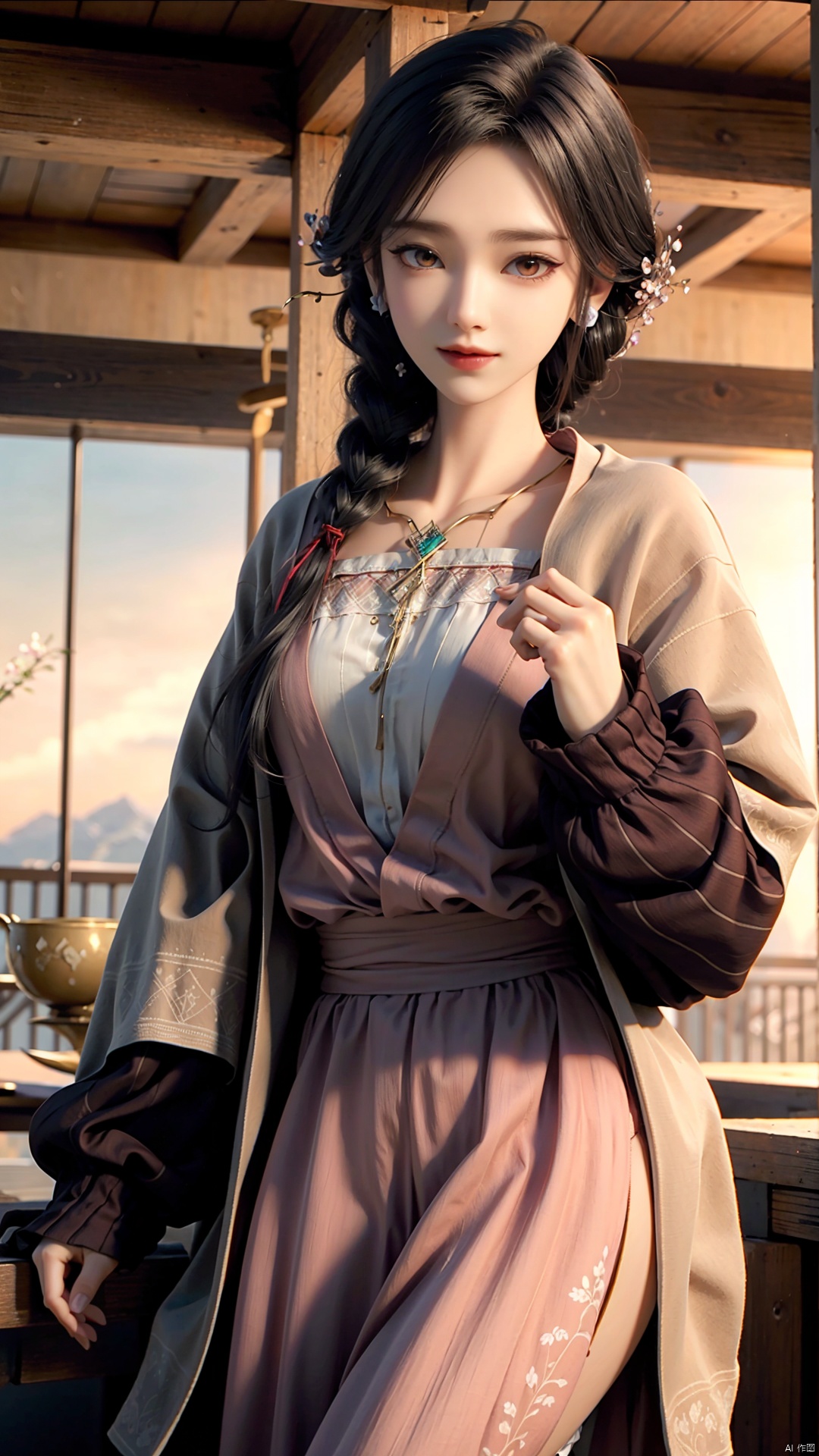 1girl, dress, jewelry, brown eyes, earrings, braid, looking at viewer, hair ornament, black hair, long hair, necklace, mischevious smile, perfect body, scenery, sharp focus, best quality, masterpiece, detailed outfit, illustration, perfect eyes, finely detailed beautiful anime eyes, realistic skin, intricate details, best lighting, depth of field, ultra high resolution,cowboy_shot, dynamic pose, dynamic angle,