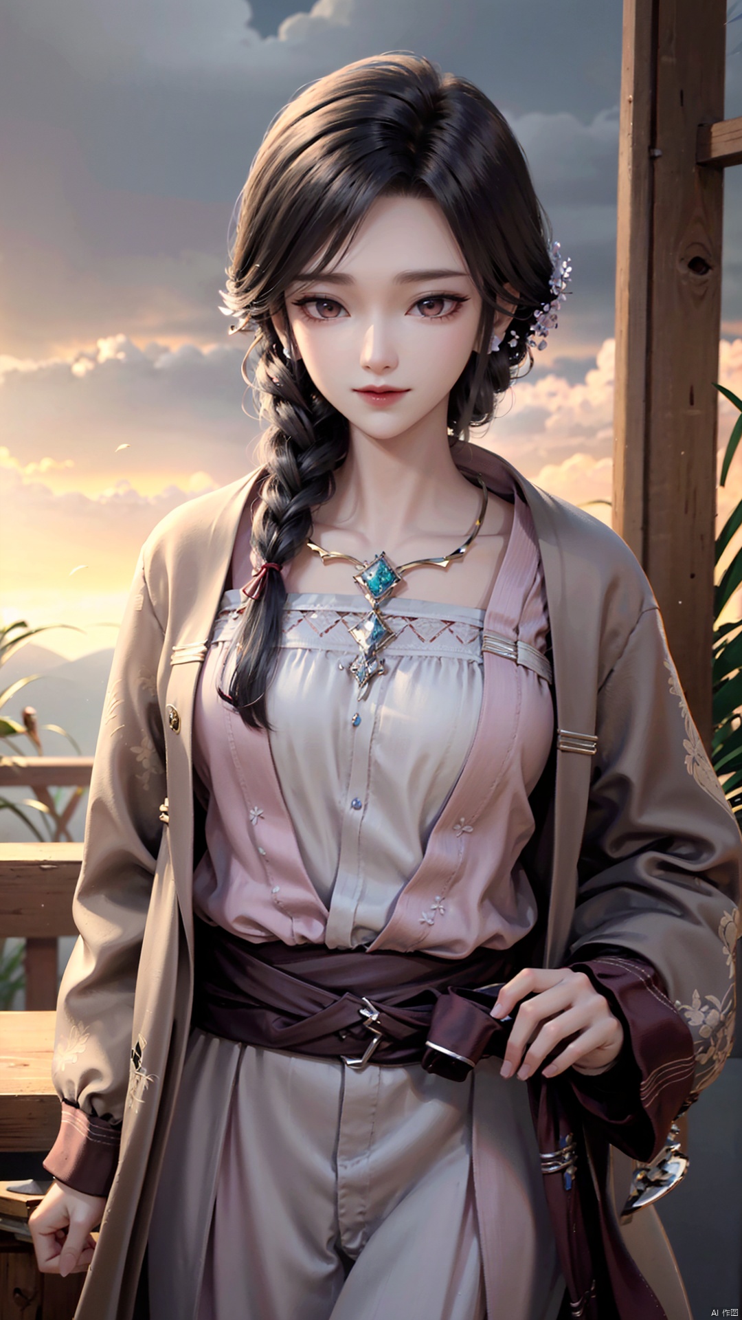 1girl, dress, jewelry, brown eyes, earrings, braid, looking at viewer, hair ornament, black hair, long hair, necklace, mischevious smile, perfect body, scenery, sharp focus, best quality, masterpiece, detailed outfit, illustration, perfect eyes, finely detailed beautiful anime eyes, realistic skin, intricate details, best lighting, depth of field, ultra high resolution,cowboy_shot, dynamic pose, dynamic angle,