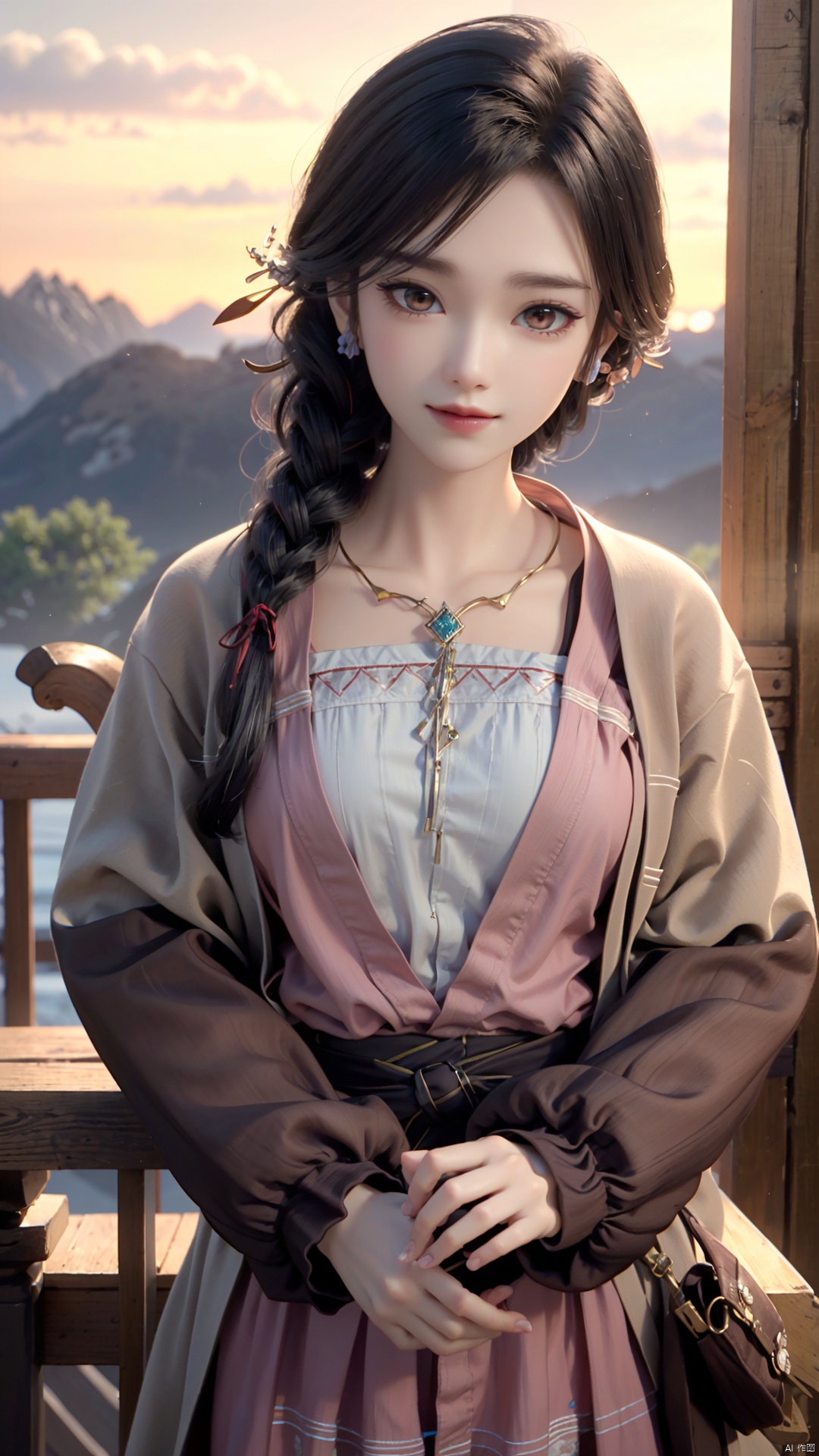 1girl, dress, jewelry, brown eyes, earrings, braid, looking at viewer, hair ornament, black hair, long hair, necklace, mischevious smile, perfect body, scenery, sharp focus, best quality, masterpiece, detailed outfit, illustration, perfect eyes, finely detailed beautiful anime eyes, realistic skin, intricate details, best lighting, depth of field, ultra high resolution,cowboy_shot, dynamic pose, dynamic angle,