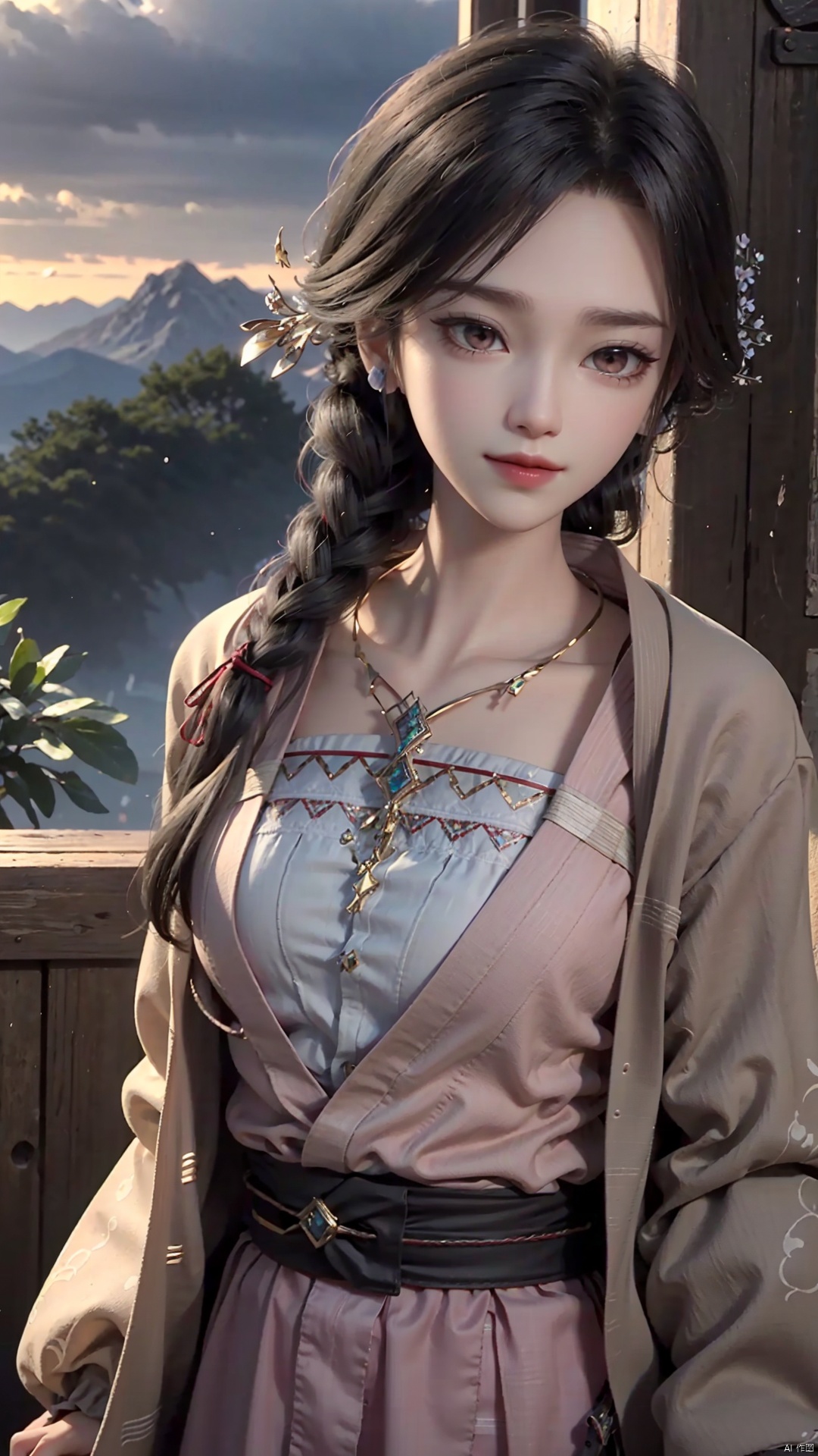 1girl, dress, jewelry, brown eyes, earrings, braid, looking at viewer, hair ornament, black hair, long hair, necklace, mischevious smile, perfect body, scenery, sharp focus, best quality, masterpiece, detailed outfit, illustration, perfect eyes, finely detailed beautiful anime eyes, realistic skin, intricate details, best lighting, depth of field, ultra high resolution,cowboy_shot, dynamic pose, dynamic angle,