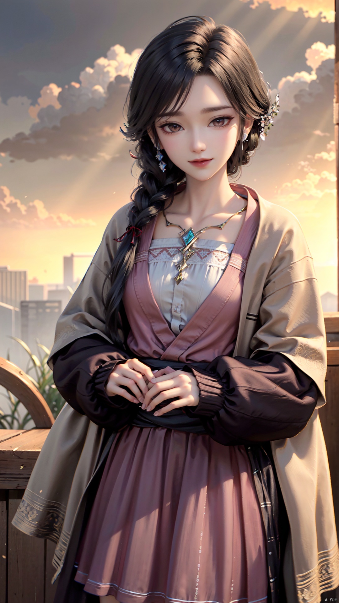 1girl, dress, jewelry, brown eyes, earrings, braid, looking at viewer, hair ornament, black hair, long hair, necklace, mischevious smile, perfect body, scenery, sharp focus, best quality, masterpiece, detailed outfit, illustration, perfect eyes, finely detailed beautiful anime eyes, realistic skin, intricate details, best lighting, depth of field, ultra high resolution,cowboy_shot, dynamic pose, dynamic angle,